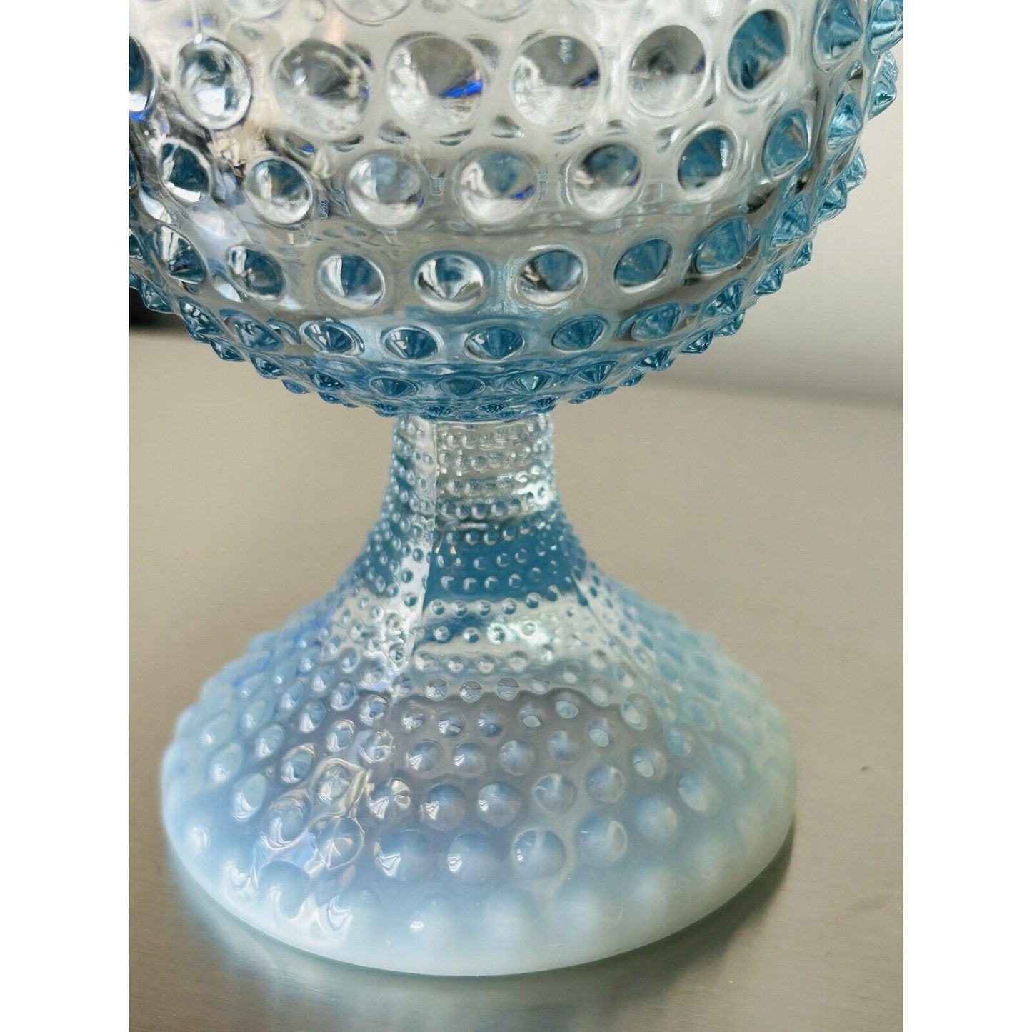 EUC Duncan Miller Blue Opalescent Glass Footed Hobnail Vase Ruffle Crimped