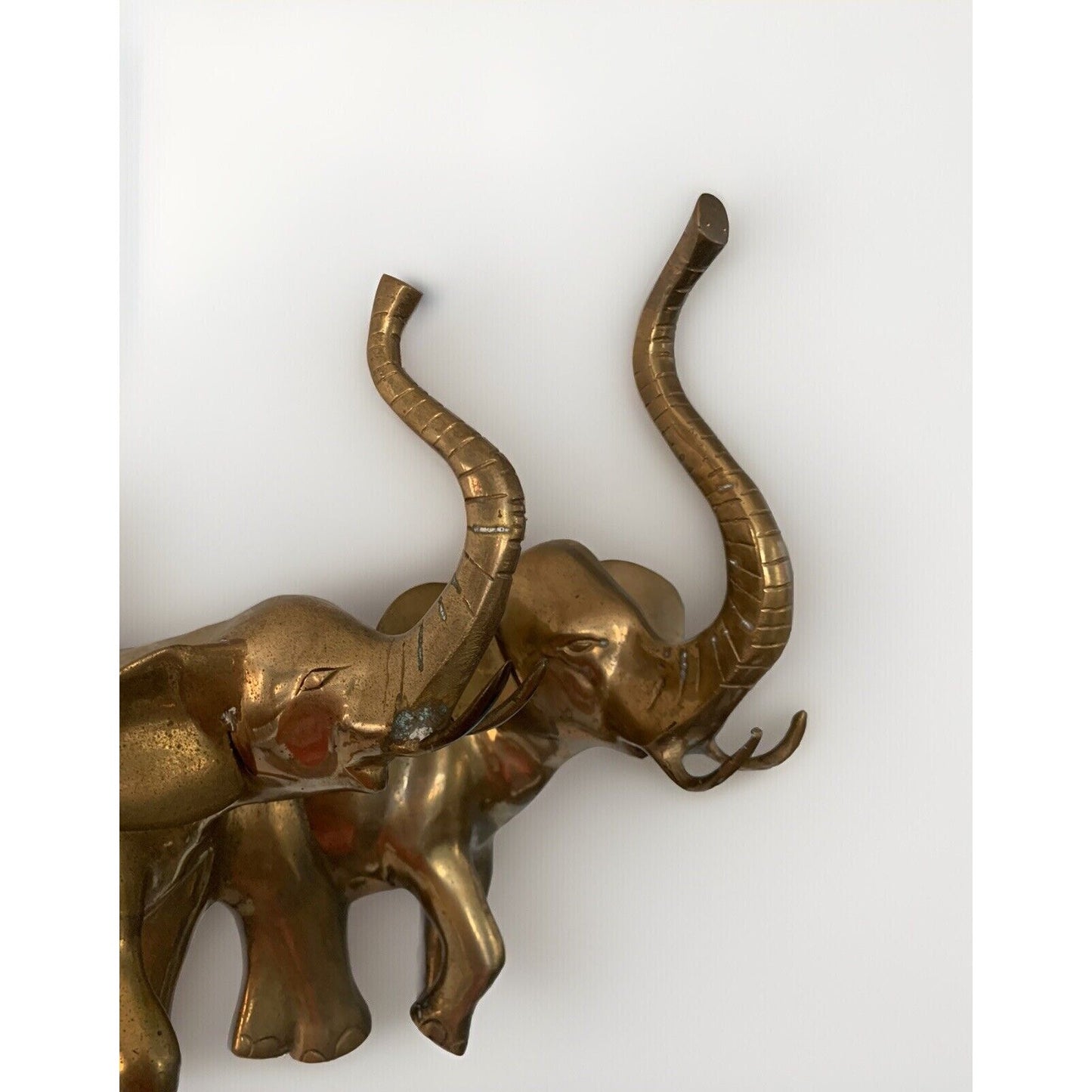 Vintage 19” 3 Elephants Trunk Up Brass Metal Wall Hanging Art Large Patina