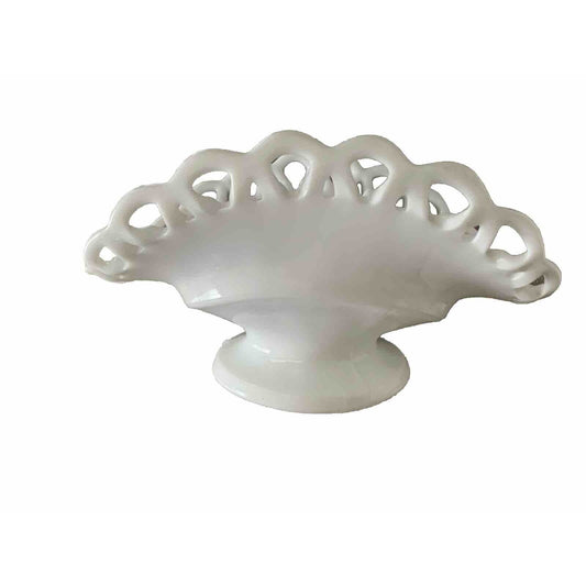 Vintage Milk Glass Lacy Edge White Pedestal Banana Boat Dish Collectible MCM