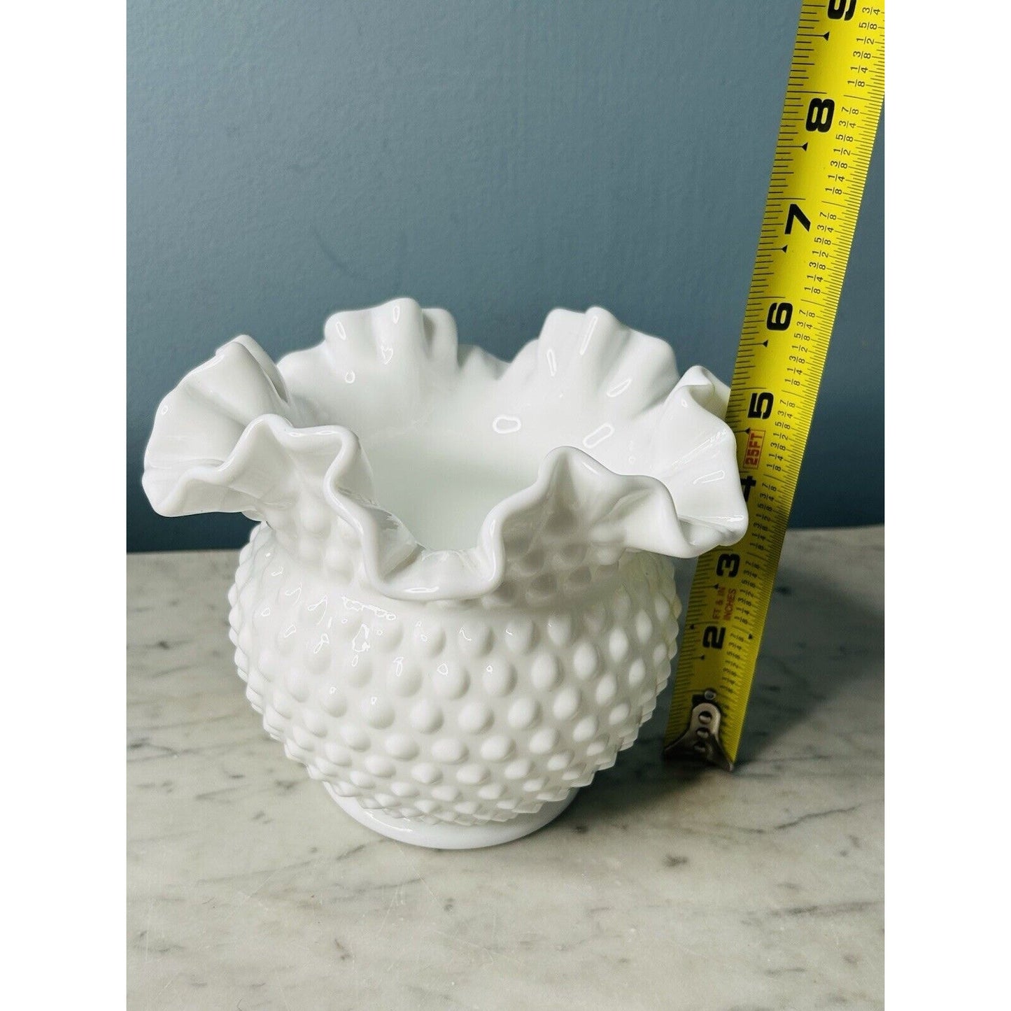 Vintage Fenton 6” Tall White Milk Glass Ruffled Edge Hobnail Bouquet Vase Bowl