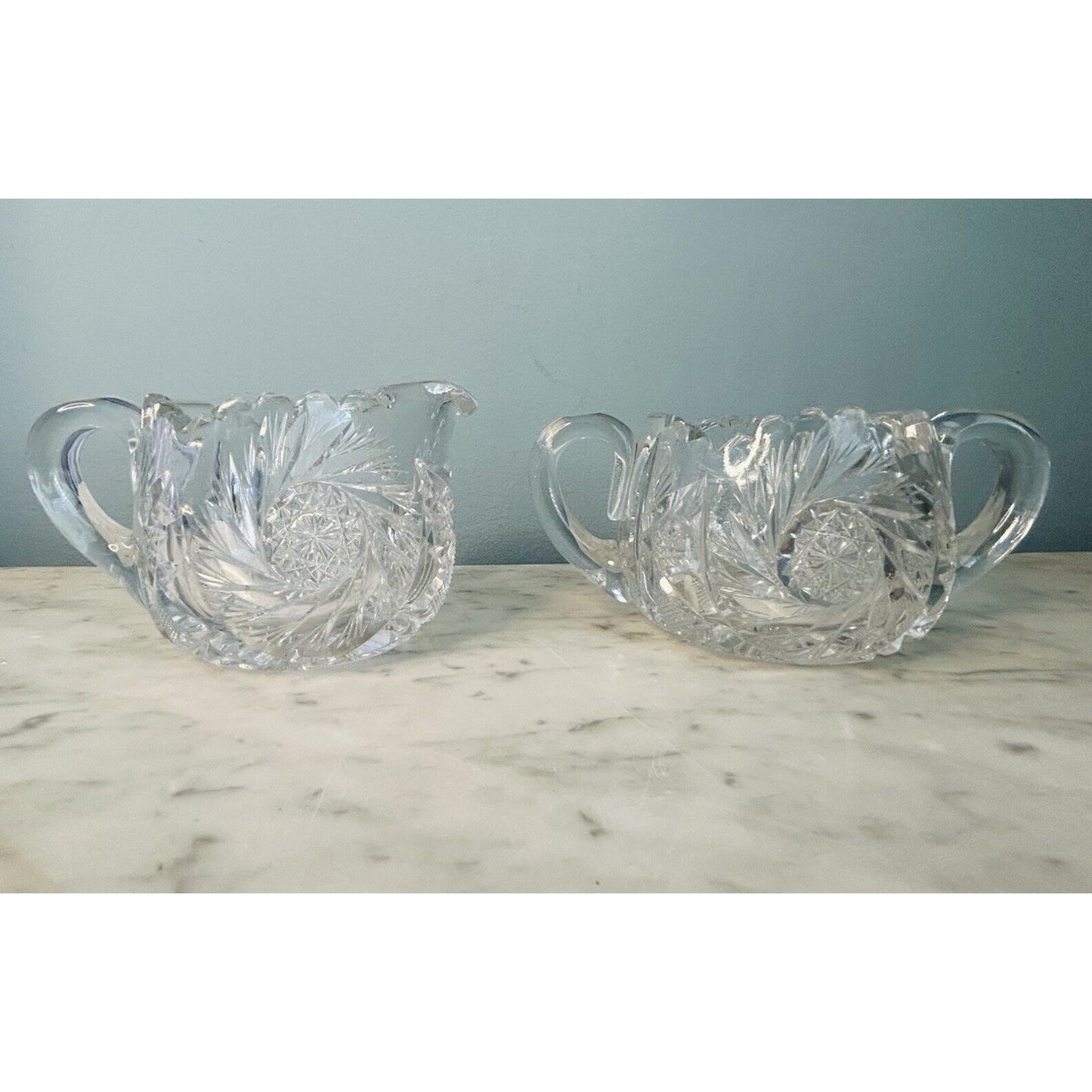 EUC American Brilliant Cut Crystal Glass Pinwheel Creamer Sugar Bowl Set ABP