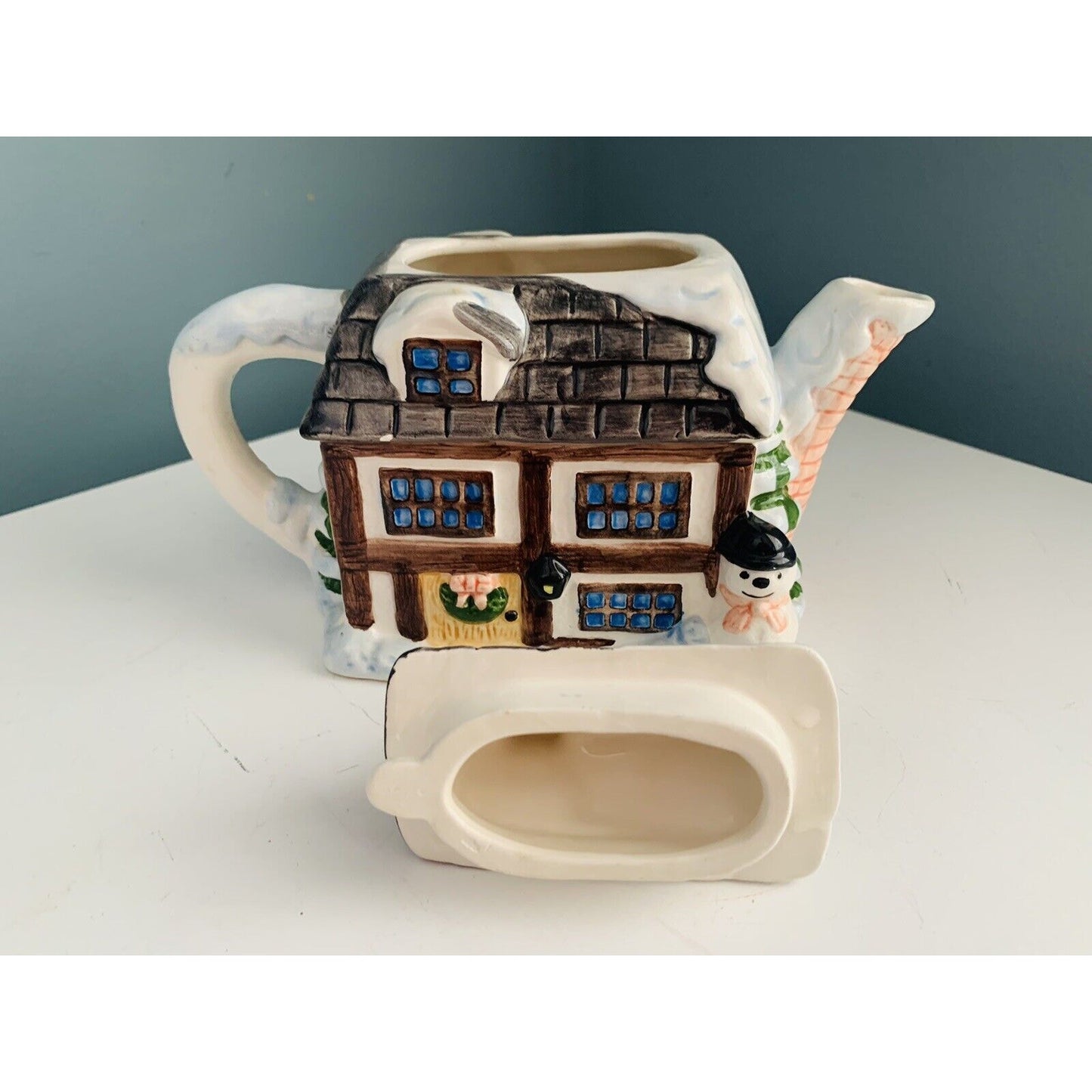 Ceramic Teapot House In Winter Scene By Scott's Inc. Snowman Christmas House Tea