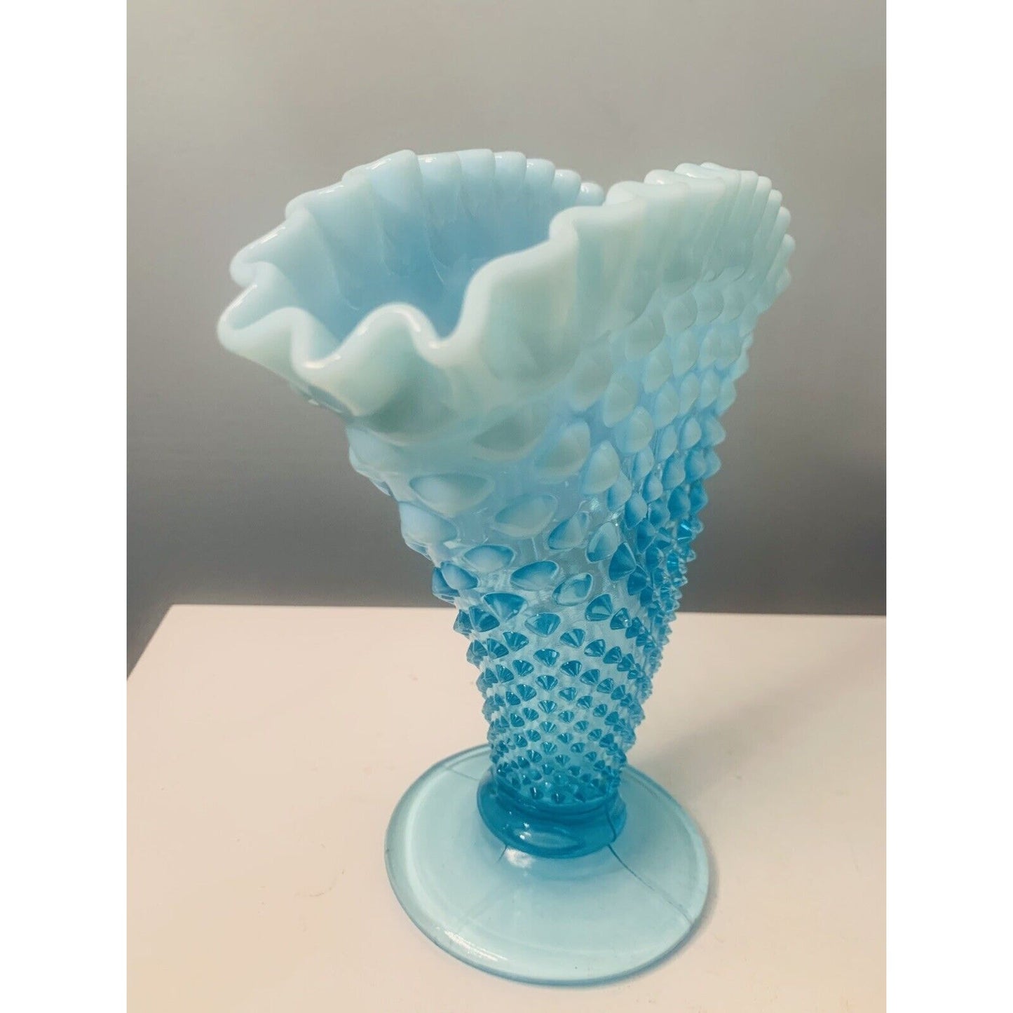 Fenton Blue Opalescent Glass Hobnail Large Fan Vase 8" Tall Vintage