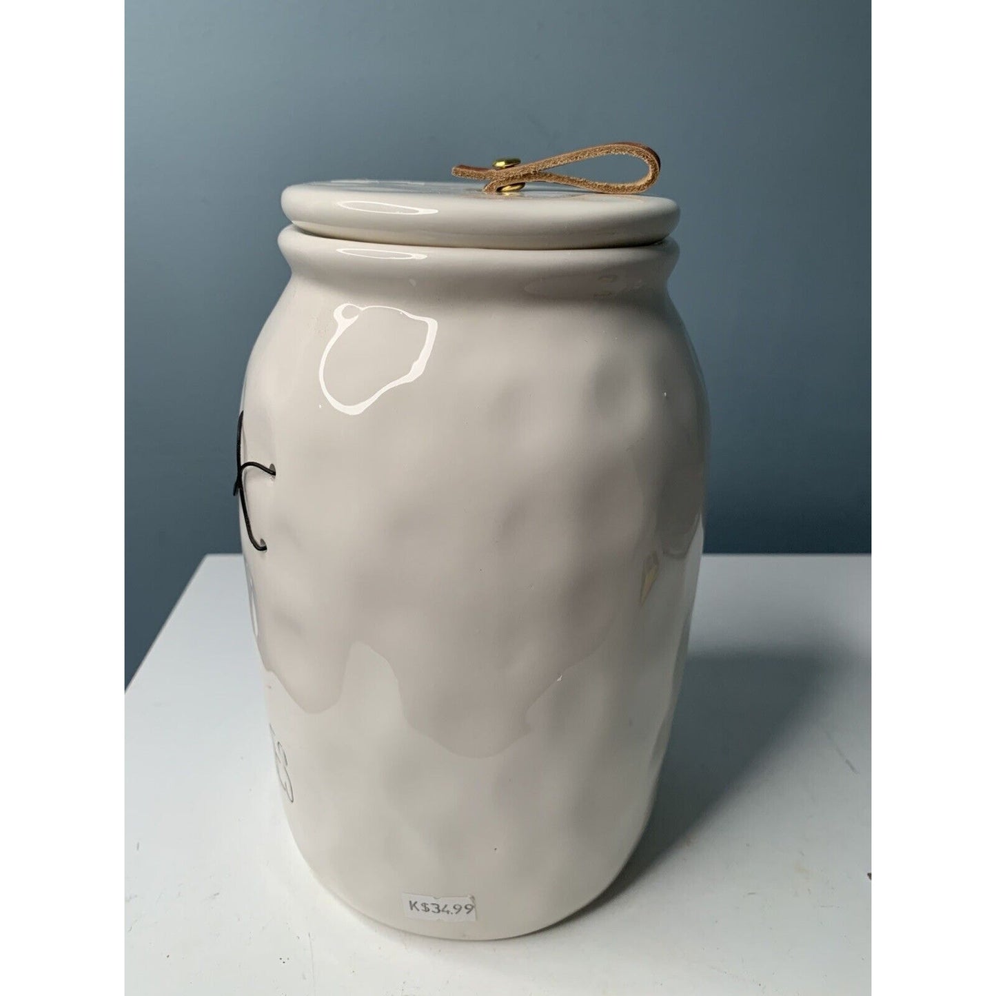 NWT Mud Pie Bistro Cookie Jar 2017 White w/ Brown Leather 9” Tall New MSRP $35