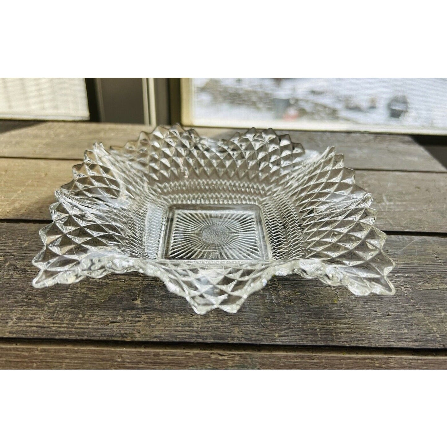 Indiana Glass Clear Depression Glass Square Ruffled Diamond Point 7" Dish Vintag