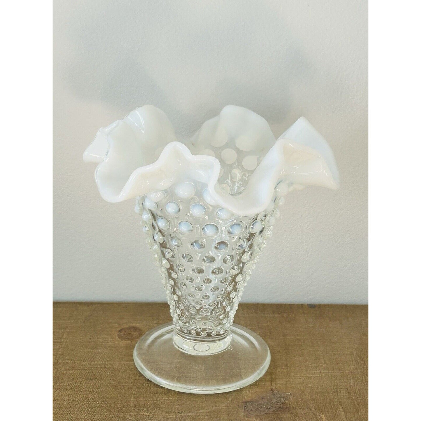 Vintage Fenton Moonstone Opalescent Hobnail Tapered Ruffle Glass Vase White Trim