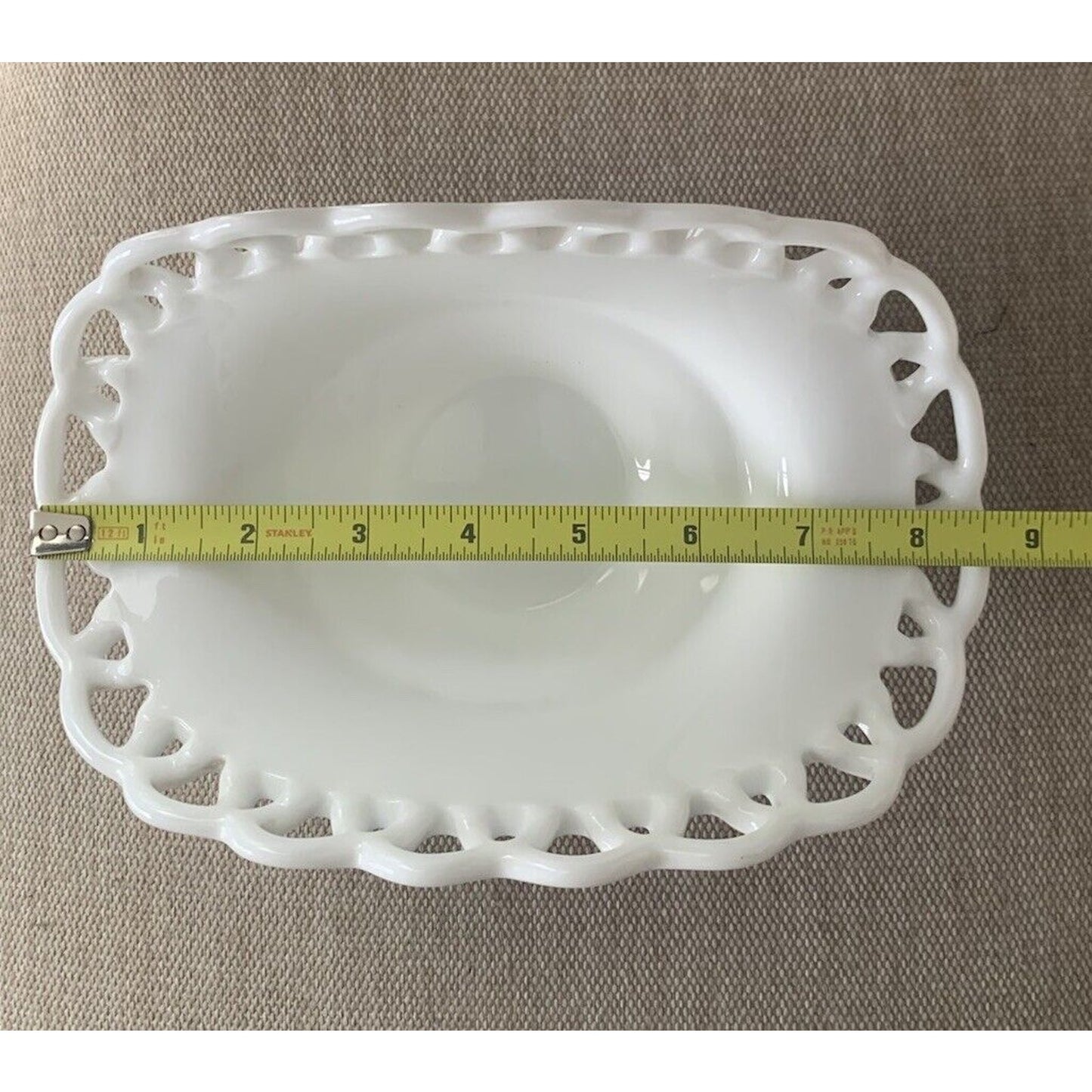 Vintage Milk Glass Lacy Edge White Pedestal Banana Boat Dish Collectible MCM