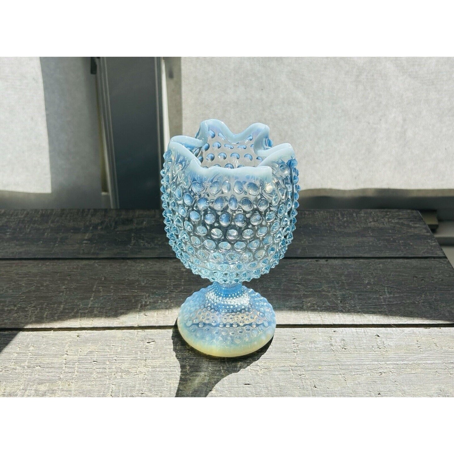 EUC Duncan Miller Blue Opalescent Glass Footed Hobnail Vase Ruffle Crimped