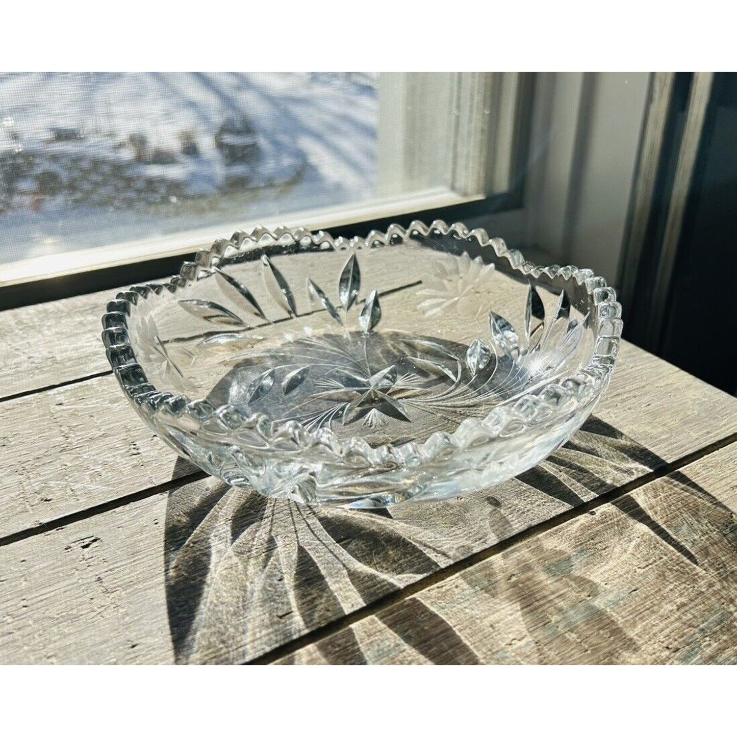 Antique Edwardian Crystal Etched Clear Cut Glass Bowl Dish Flowers 1900 - 1910s