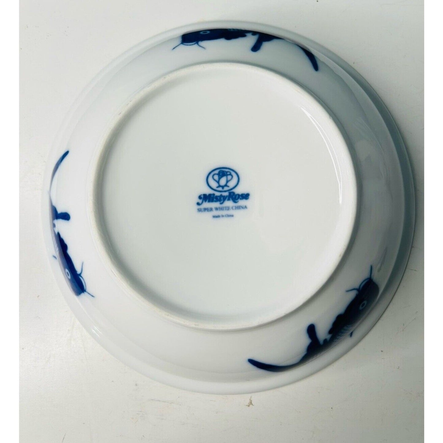 10” Koi Fish Blue Porcelain Super White China Serving Dish Bowl Lid Misty Rose