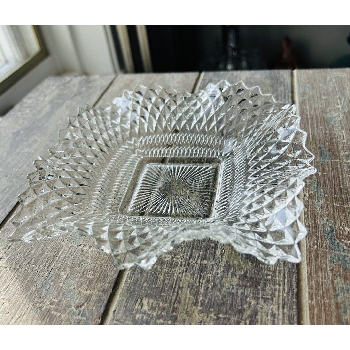 Indiana Glass Clear Depression Glass Square Ruffled Diamond Point 7" Dish Vintag