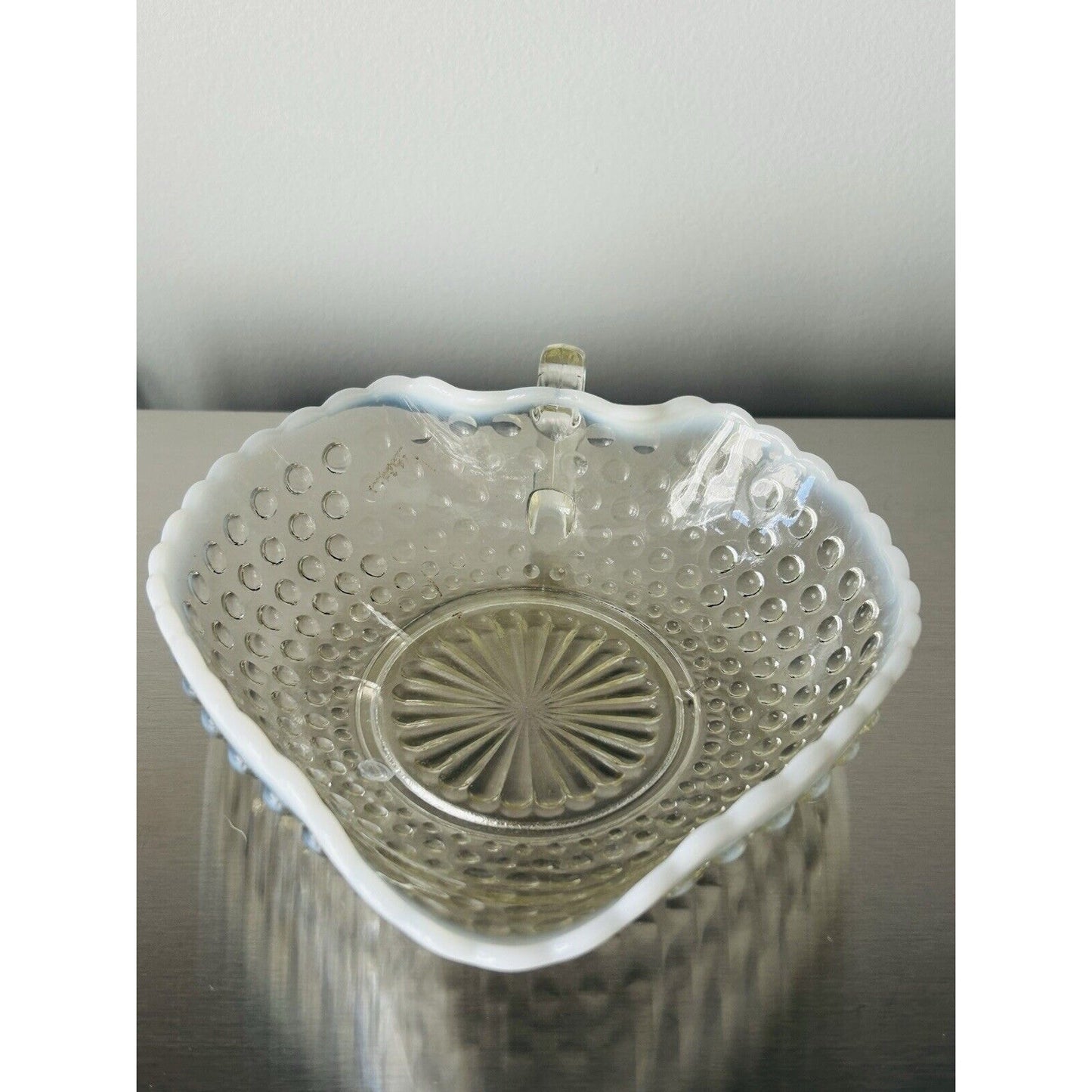 Heart Serving Dish Anchor Hocking Moonstone Opalescent Hobnail Ruffle Rim Handle