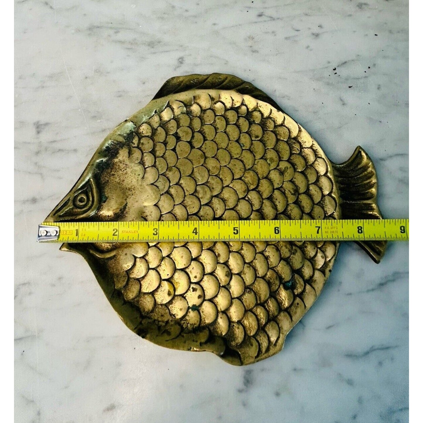 Vintage Brass Fish Shaped Trinket Dish Small Plate 8.5” Length 3D Scales Patina