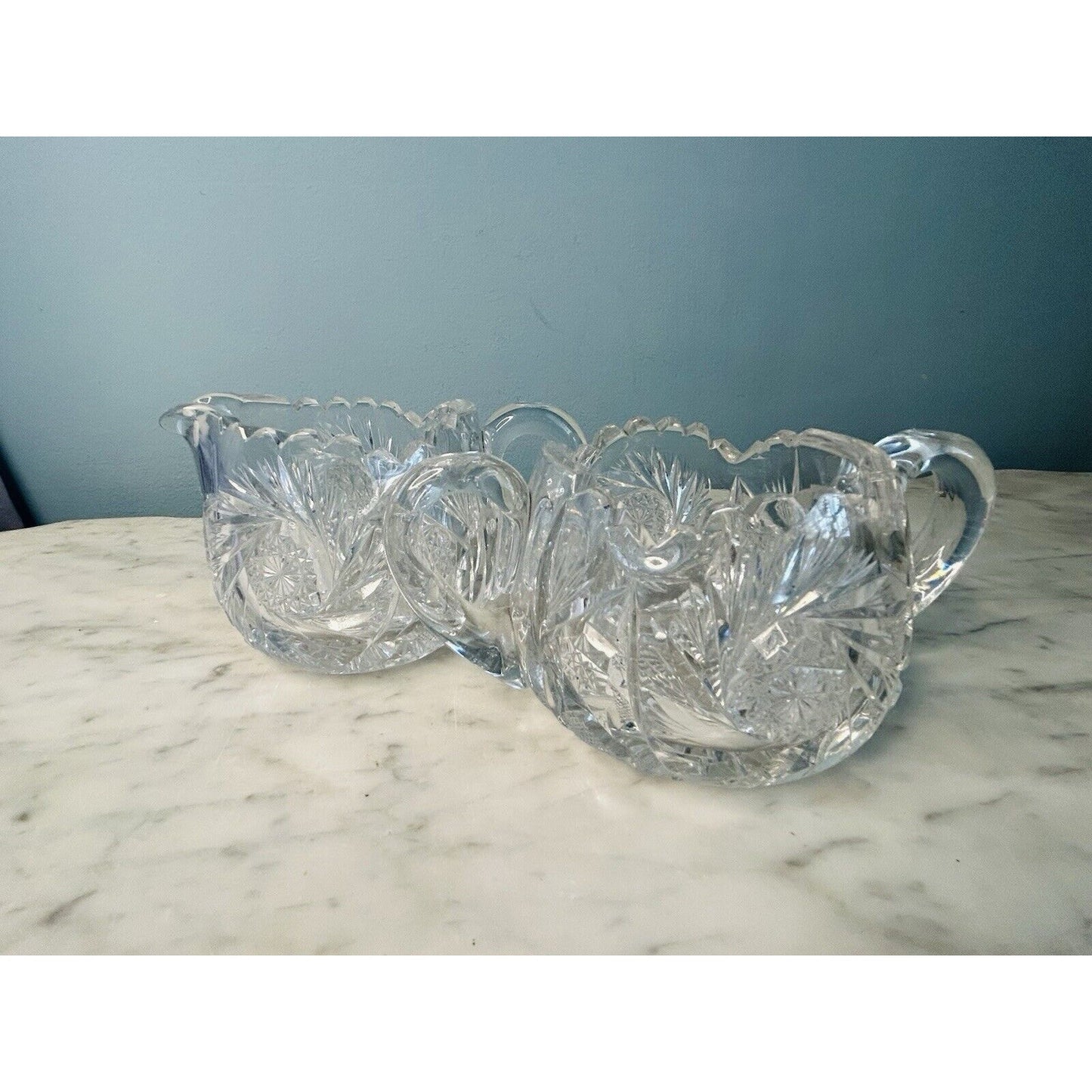 EUC American Brilliant Cut Crystal Glass Pinwheel Creamer Sugar Bowl Set ABP