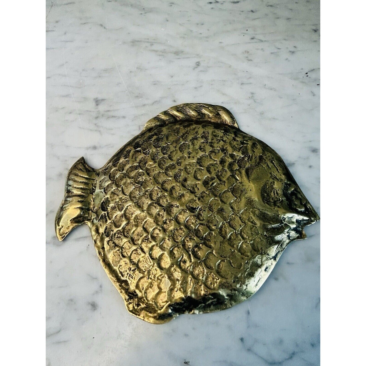 Vintage Brass Fish Shaped Trinket Dish Small Plate 8.5” Length 3D Scales Patina