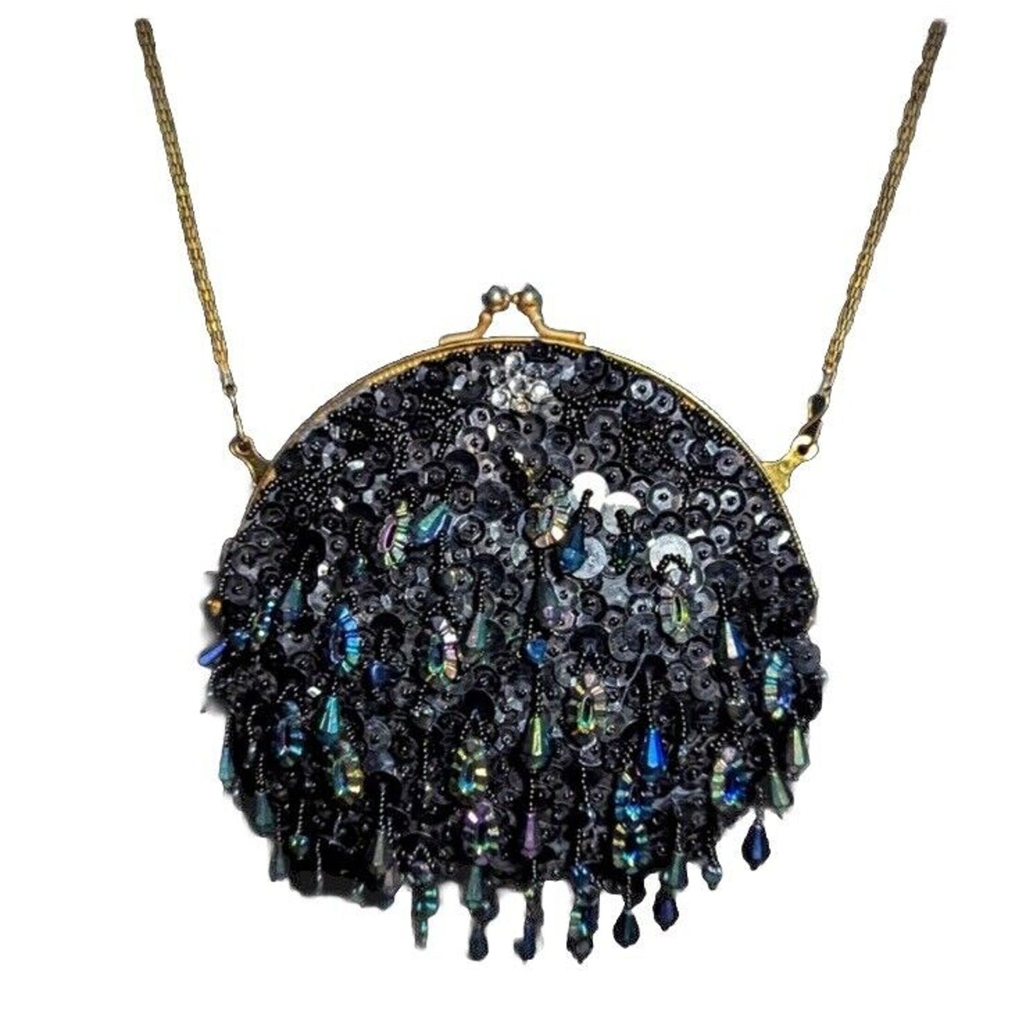 NWOT Black Beaded Sequins Purse Cocktail Long Chain Gold Flower Holiday Event