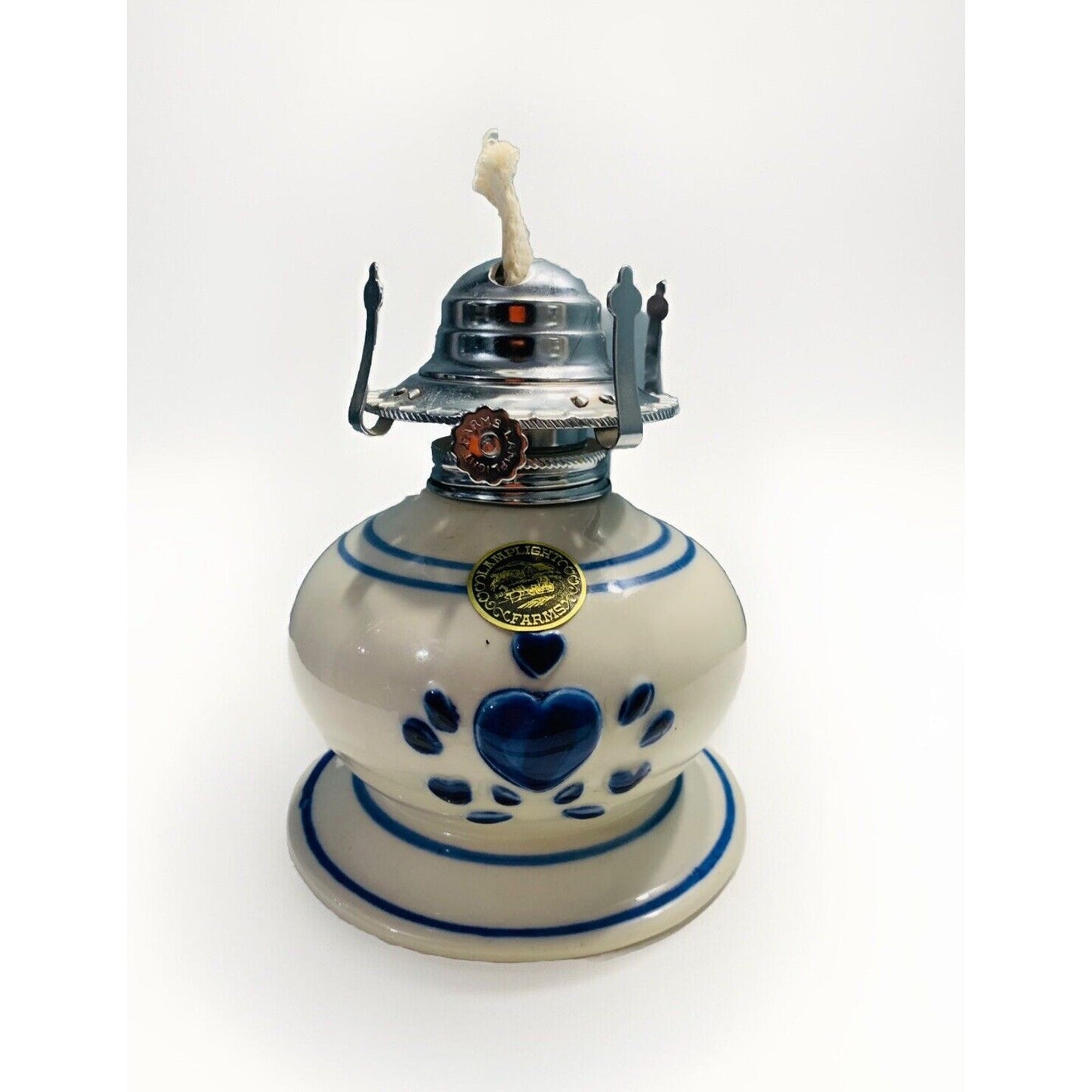 Vintage Lamplight Farms Hurricane Oil Lamp Blue White Hearts Ceramic