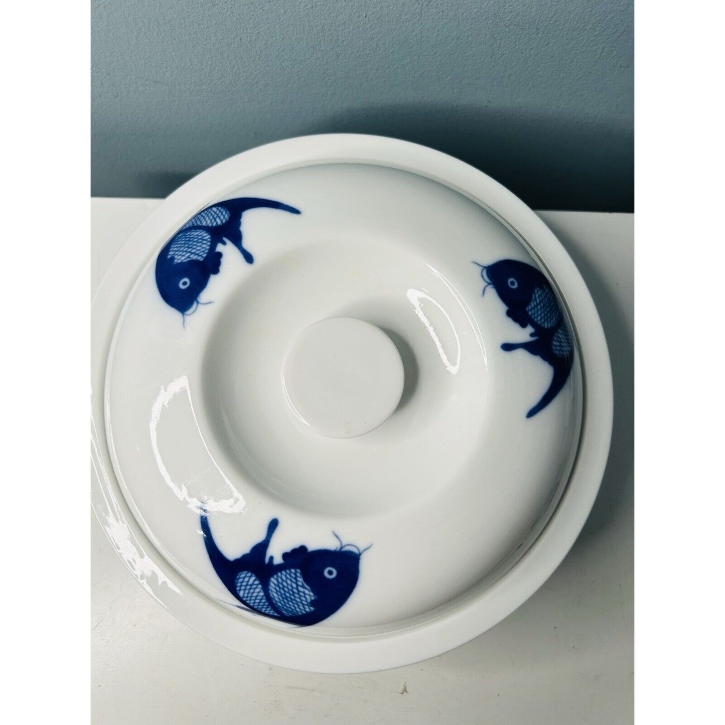 10” Koi Fish Blue Porcelain Super White China Serving Dish Bowl Lid Misty Rose