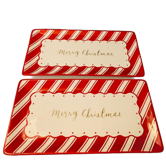 New Terramoto ‘Merry Christmas’ Set of 2 Ceramic Serving Trays Red White Gold