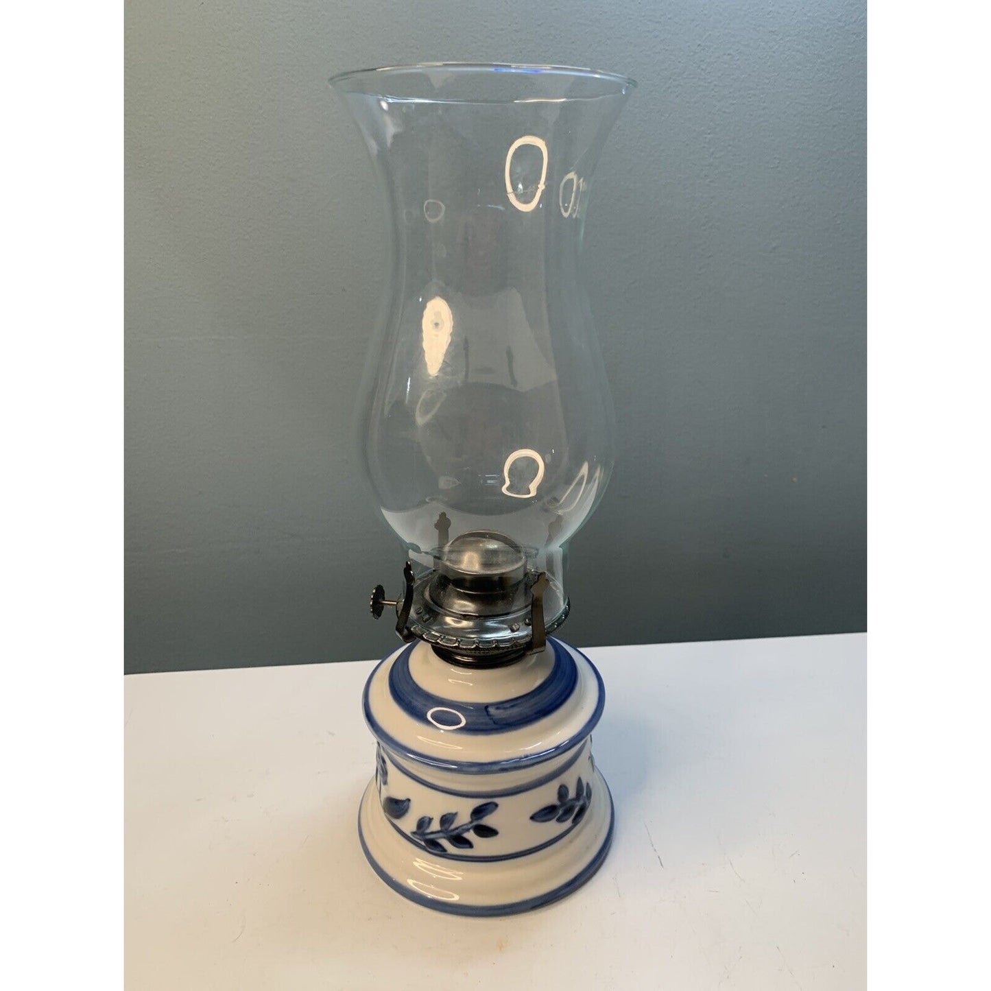 Vintage Lamplight Farms USA Ceramic Delft Style Hurricane Oil Lamp Blue Floral