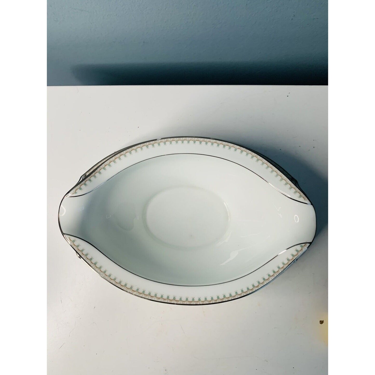 Noritake Fairmont 6102 8 3/4" Gravy Bowl w/ Attached Plate Silver Platinum Trim