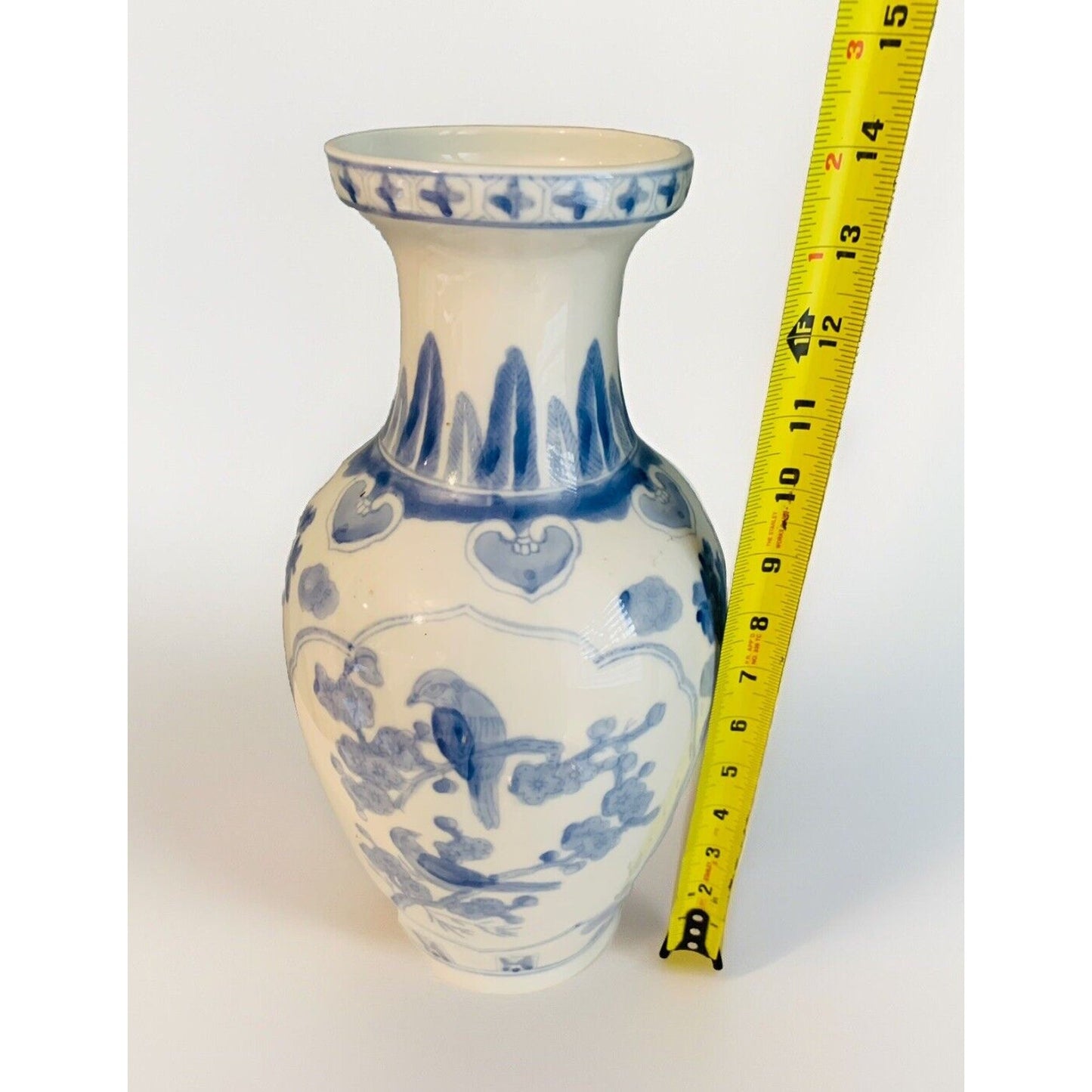 14" Blue White Large Vase Porcelain Vintage Birds Flowers Hand Painted Asian