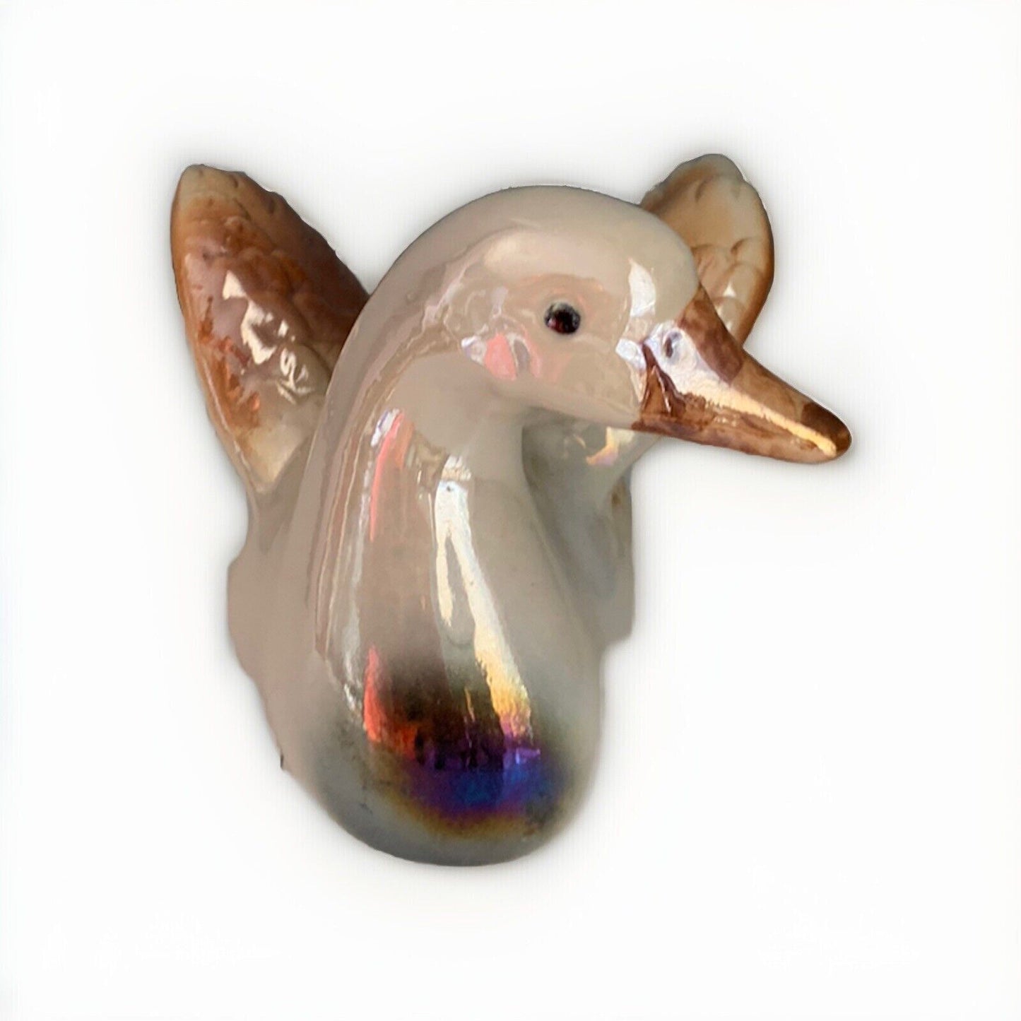 Ceramic Glazed White and Brown Duck Figure