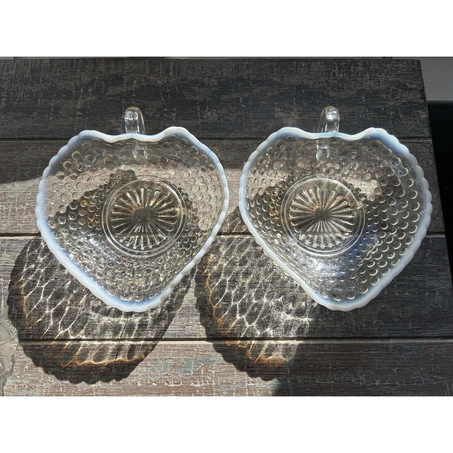 Heart Serving Dish Anchor Hocking Moonstone Opalescent Hobnail Ruffle Rim Handle