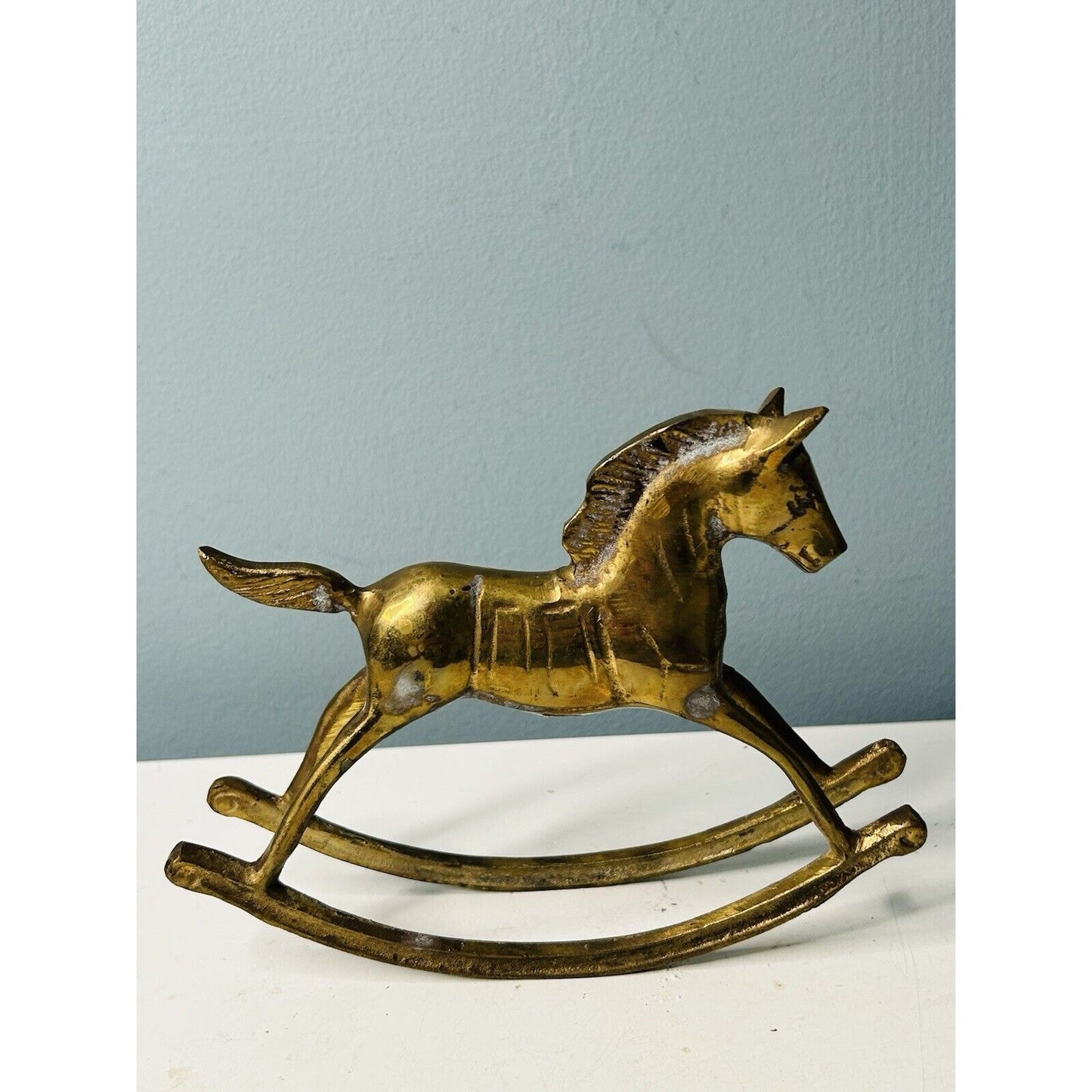 Vintage Solid Brass 6” Rocking Horse Pony Figurine Patina Hand Made Paperweight