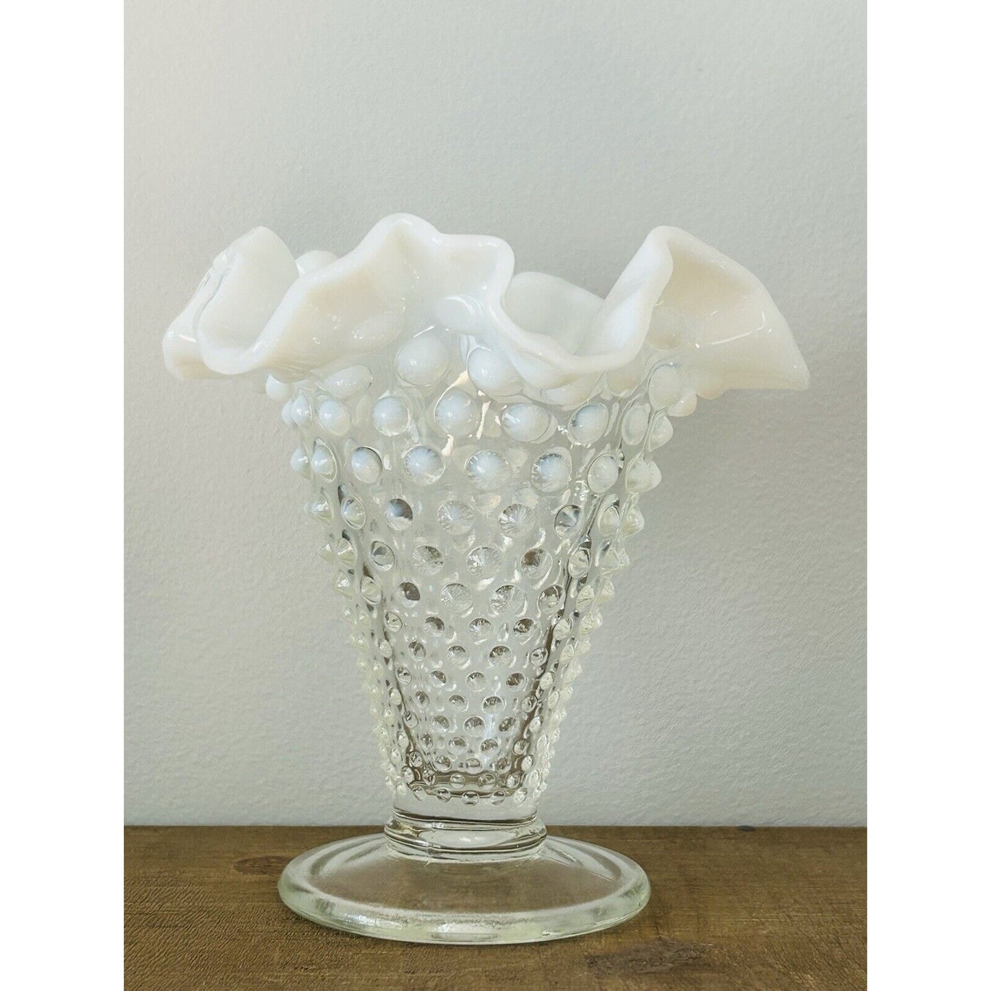 Vintage Fenton Moonstone Opalescent Hobnail Tapered Ruffle Glass Vase White Trim