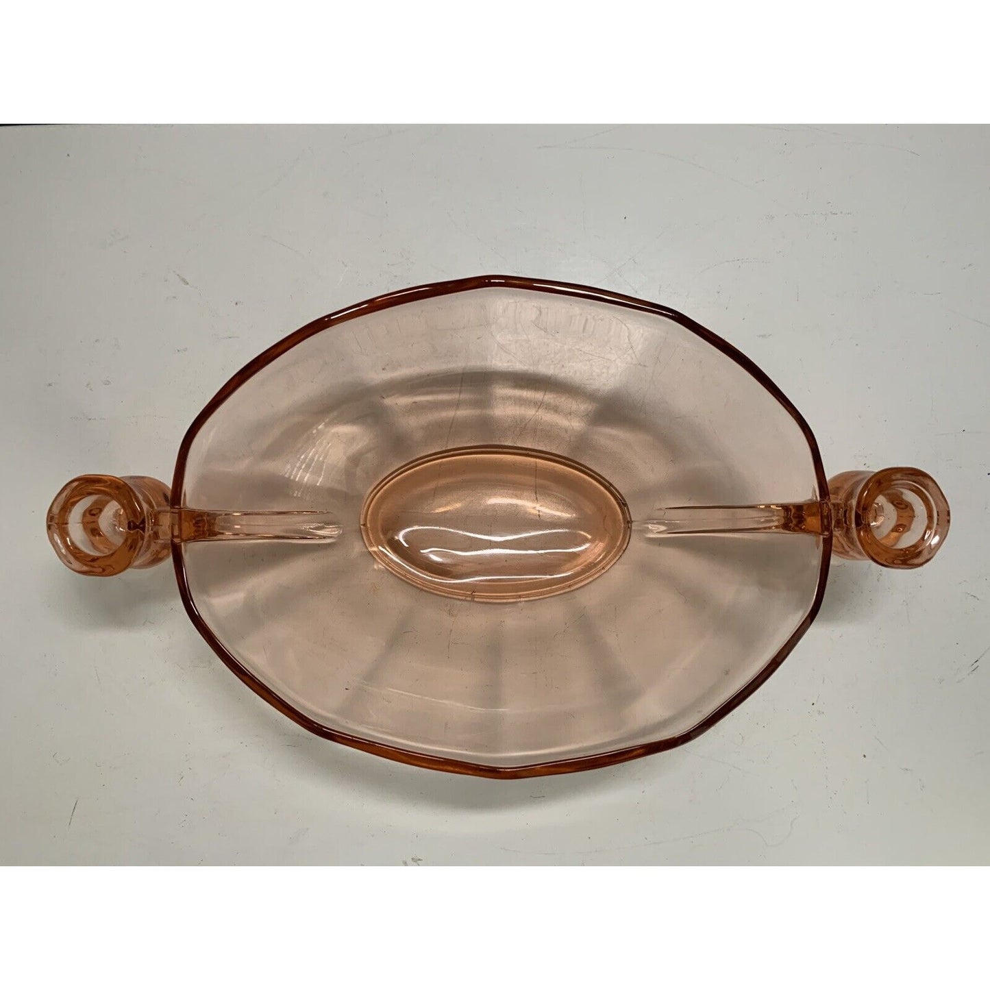 Vintage Fostoria Fairfax Pink Rose Depression Glass Oval Bowl w/ Candle Holder