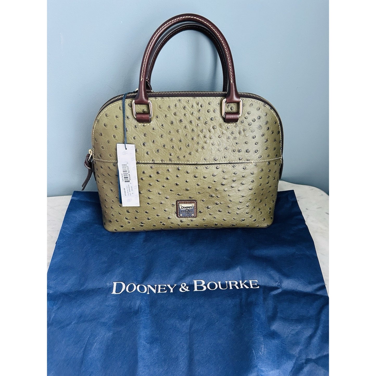 NWT Dooney & Bourke Genuine Ostrich Leather Carter Satchel Olive Brown Dome COA