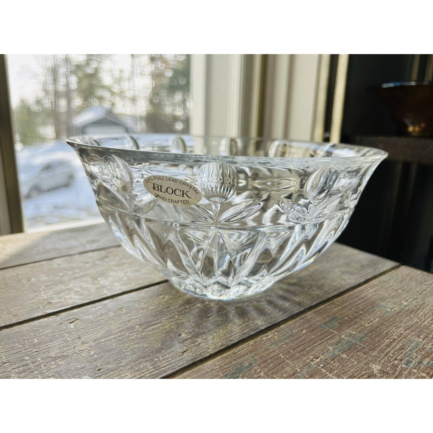 BLOCK 24% Lead Crystal Tulip 9” Glass Serving Bowl Dish Vintage Clear Flowers