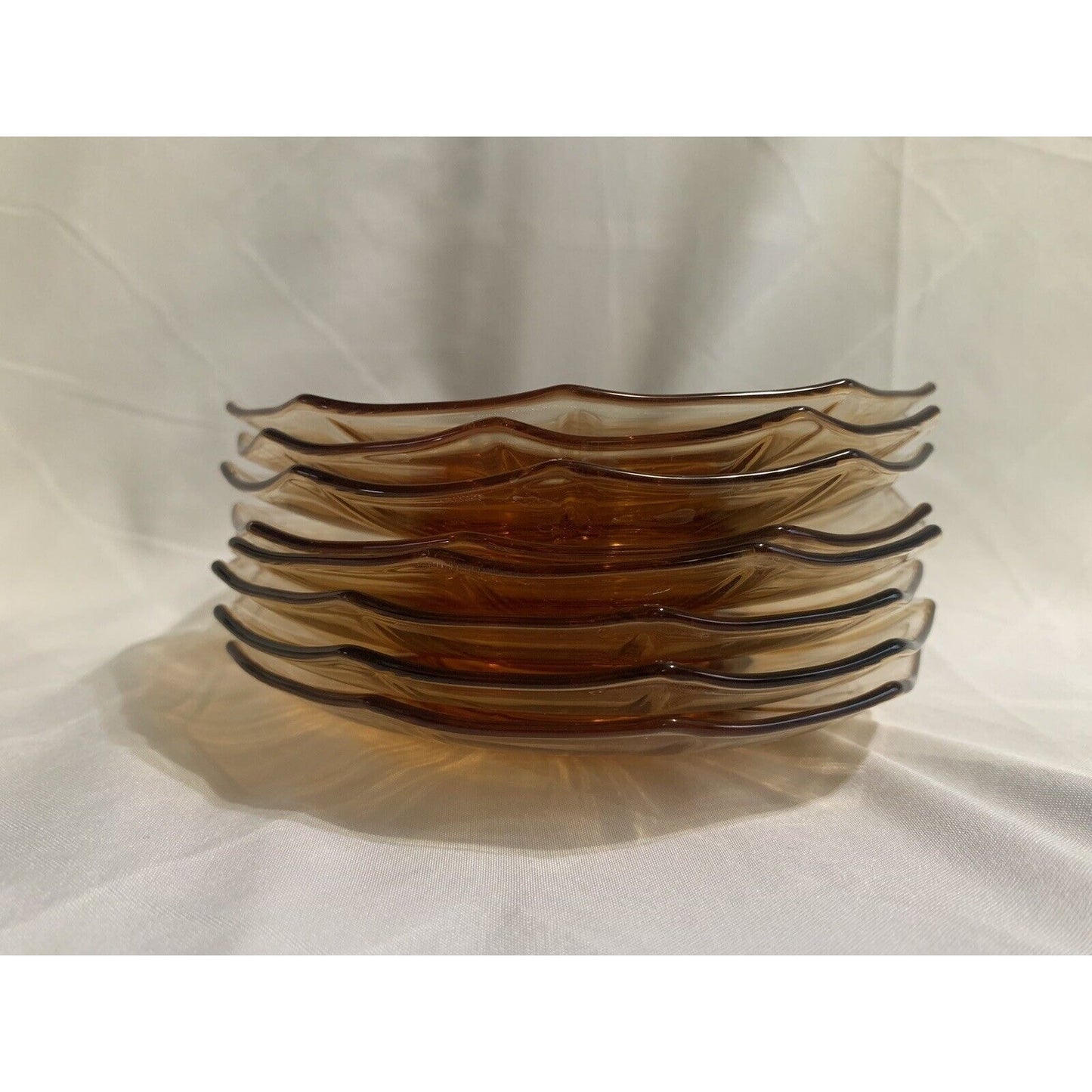 Cambridge Decagon Set of 8 Amber Glass Cups & Saucers Signed Great Condition