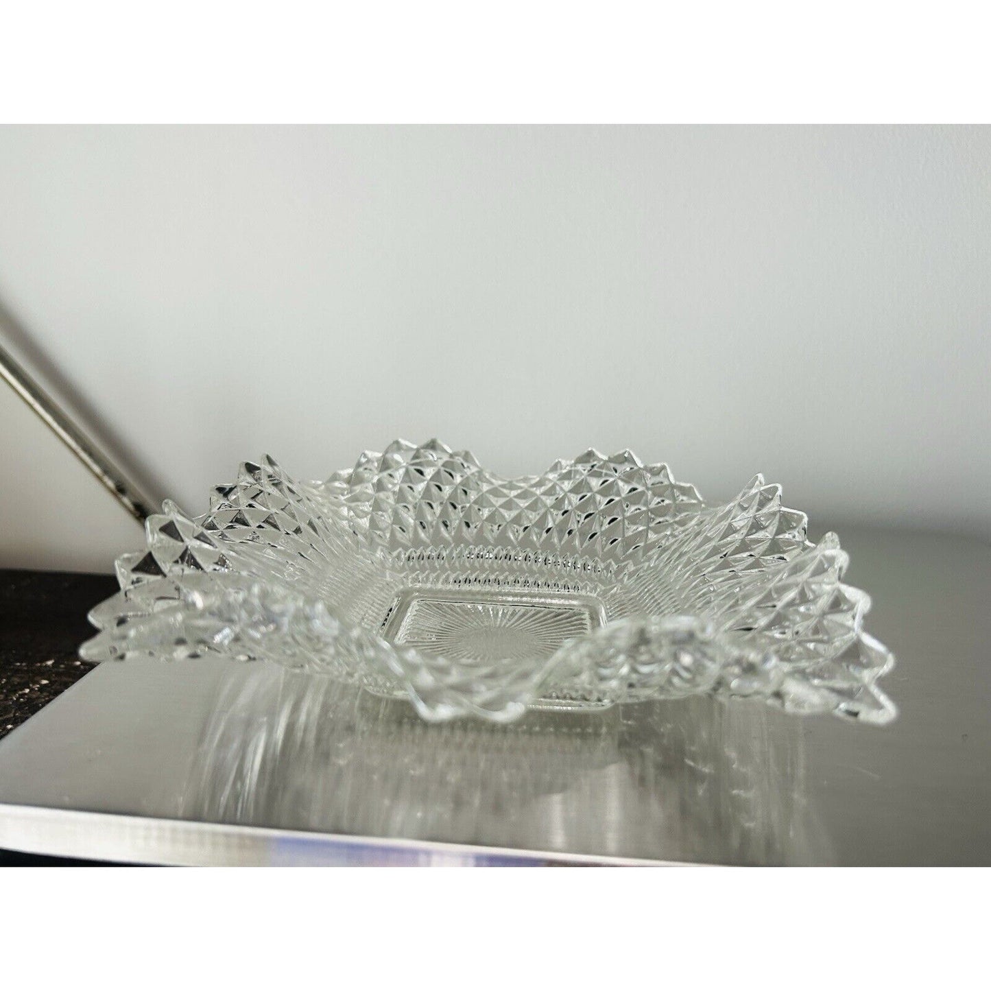 Indiana Glass Clear Depression Glass Square Ruffled Diamond Point 7" Dish Vintag