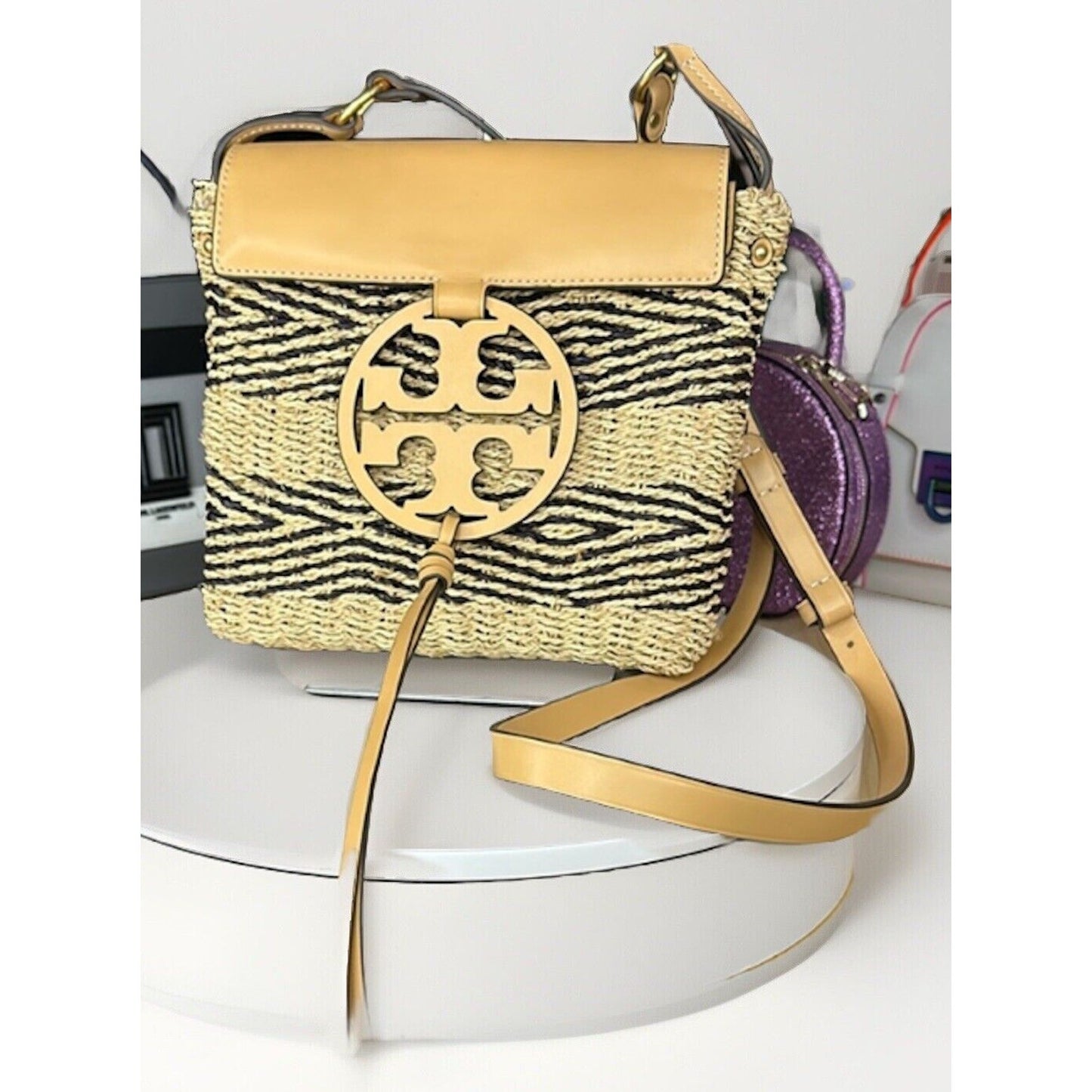 Tory Burch Miller Blue Stripe Woven Raffia Straw Leather Crossbody Bag 2304