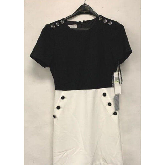 NWT Maggy London Dress Women's Size 4P Black & White Mystic Crepe Button