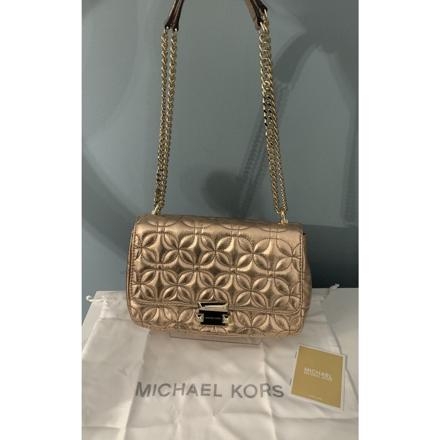 New Michael Kors Sloan Gold Chain Quilted Leather Shoulder Bag Rose Gold Shiny