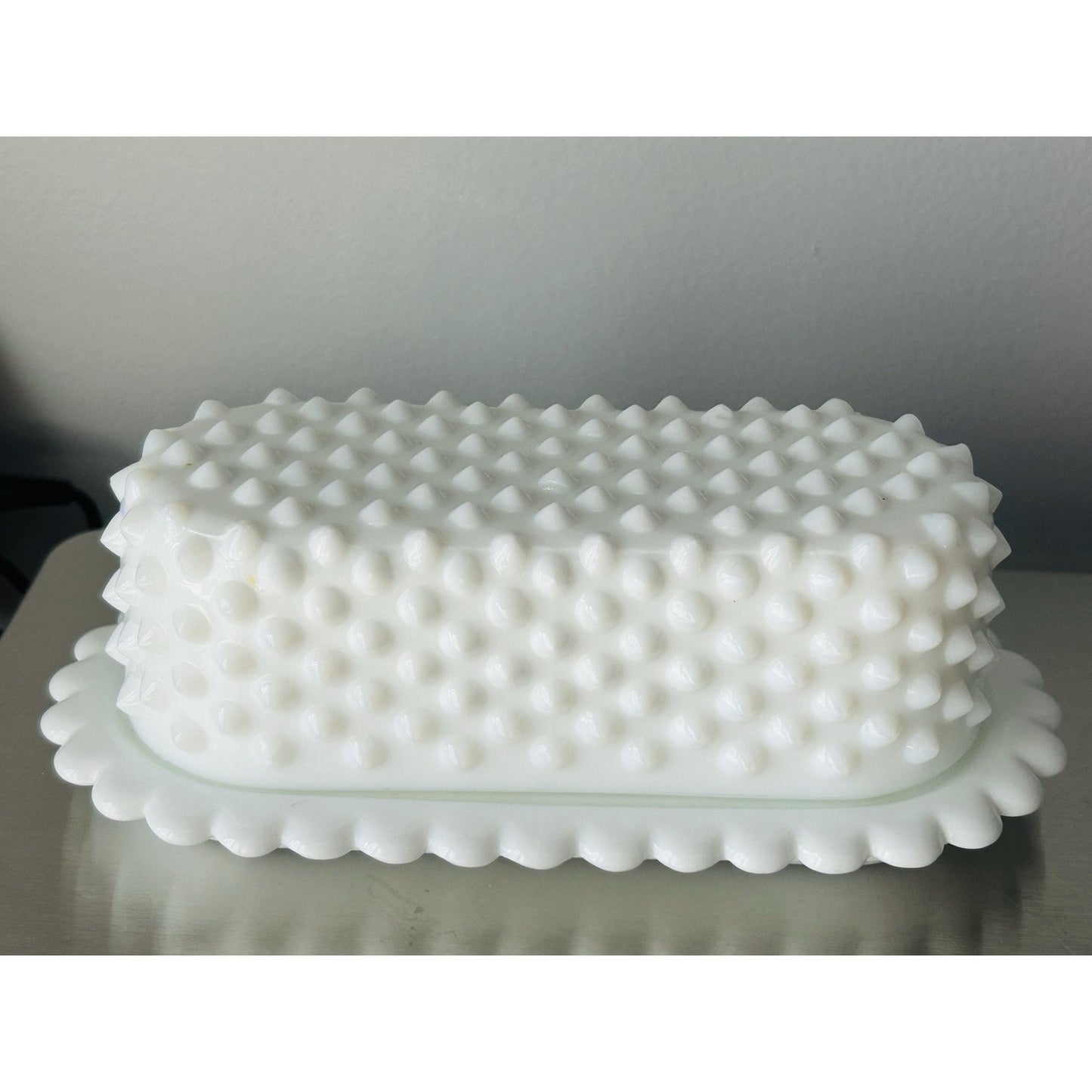 Vintage Fenton Covered Butter Dish Milk Glass English Hobnail Scalloped Edge