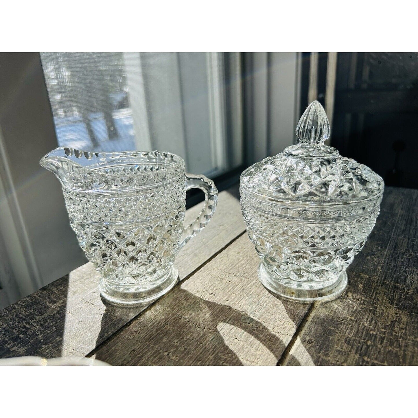 Anchor Hocking Wexford Crystal Clear Cut Glass Cream & Sugar Set Vintage