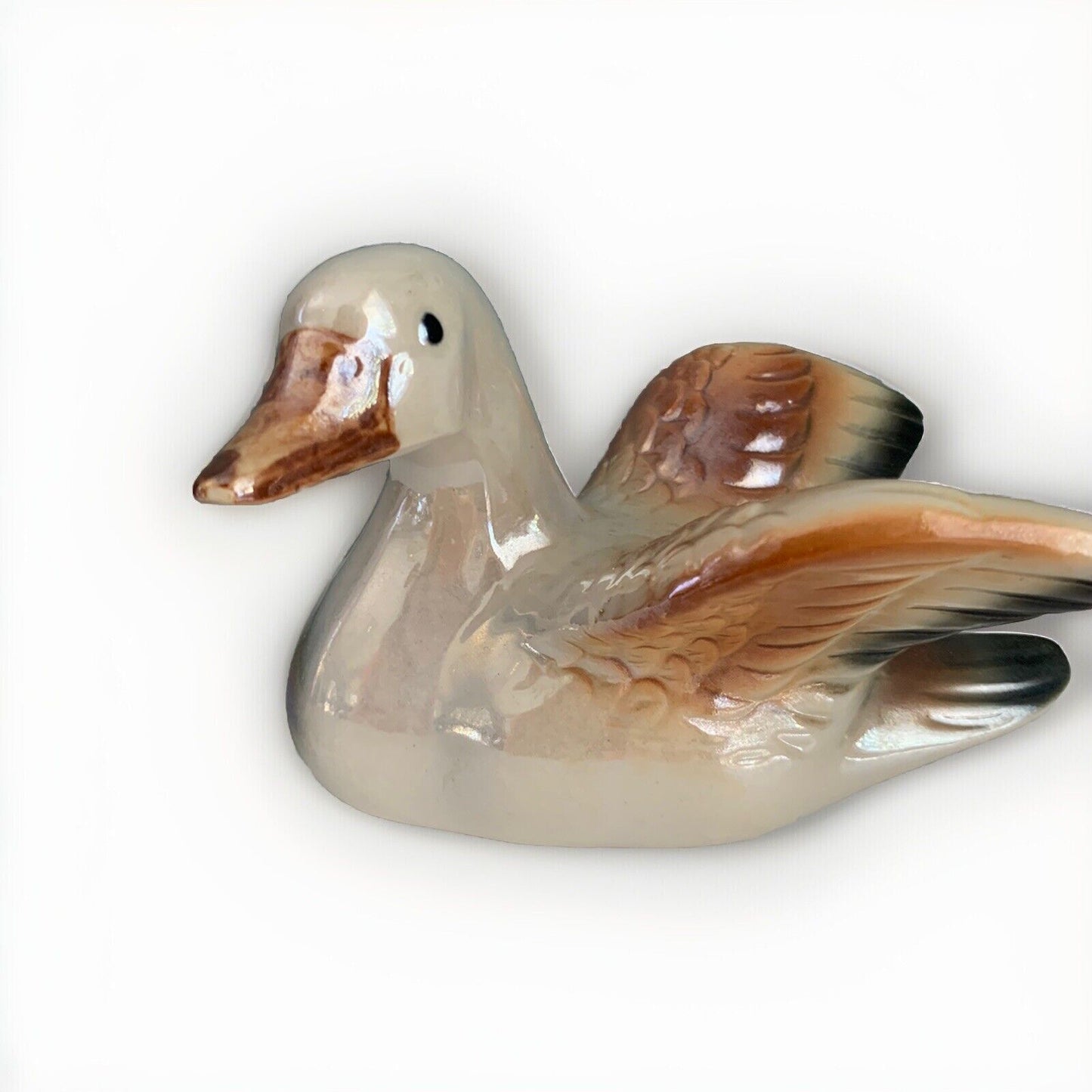 Ceramic Glazed White and Brown Duck Figure