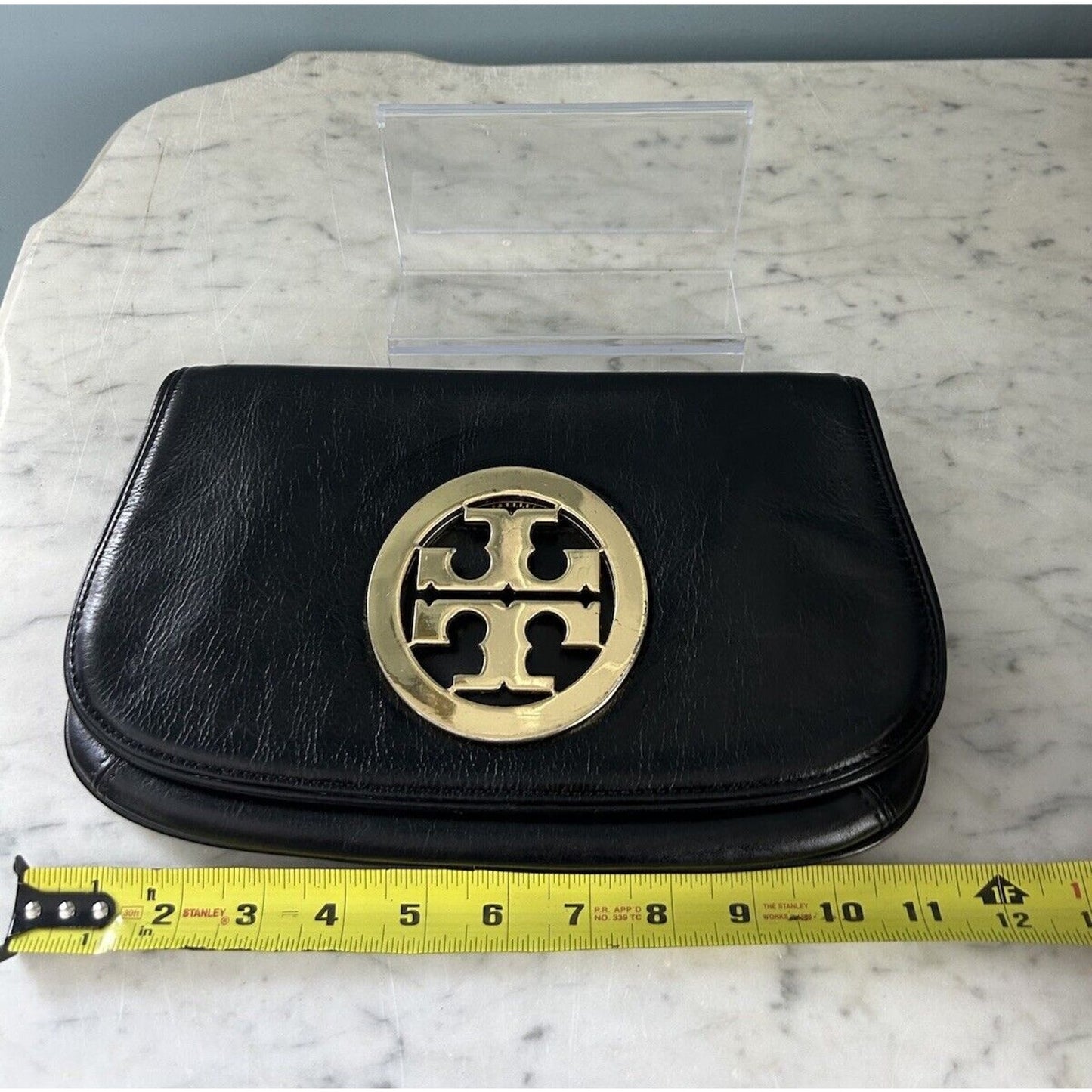 Tory Burch Reva Black Leather Purse Detachable Gold Chain Strap Crossbody Clutch