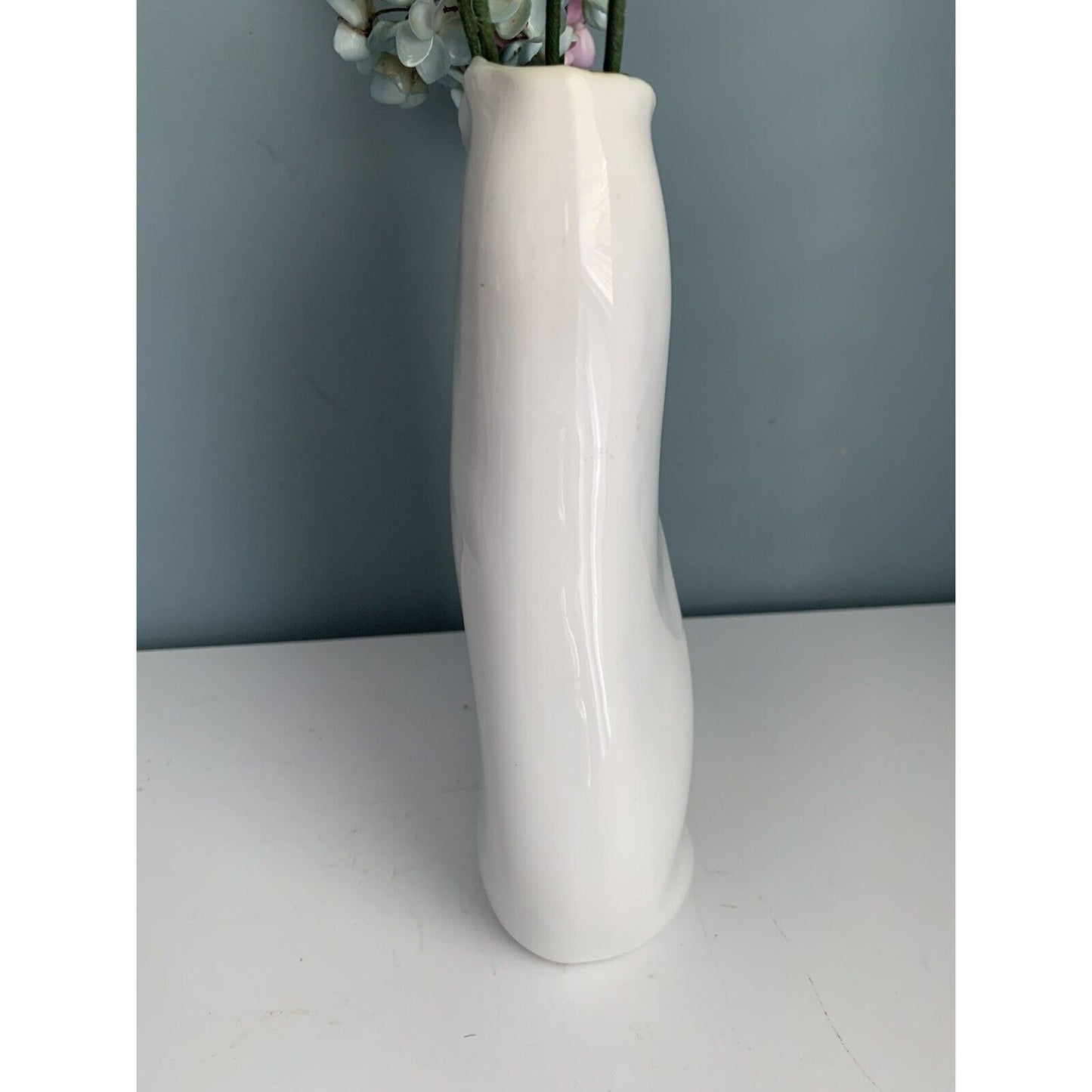 Modern White Vase Art Deco Oblong Unique Shape MCM Style 9” Statement Home Decor