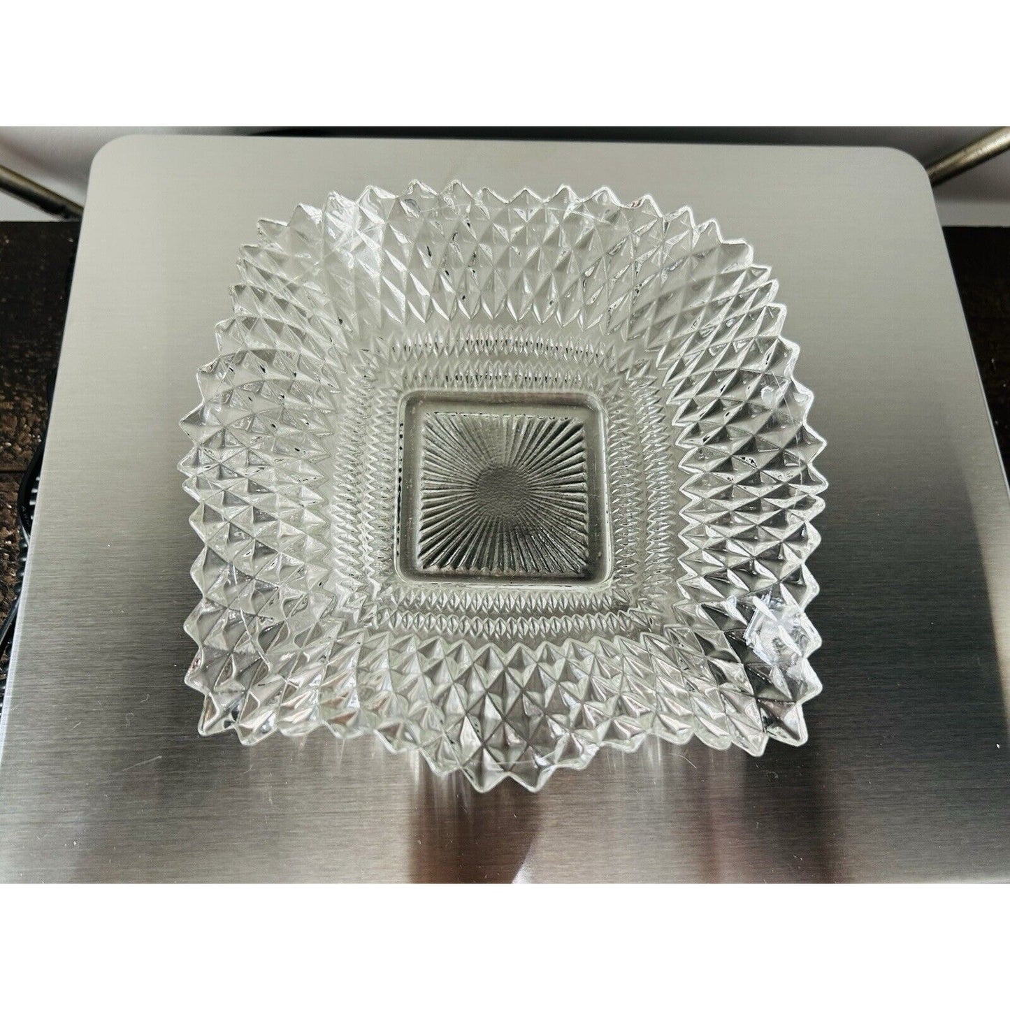 Indiana Glass Clear Depression Glass Square Ruffled Diamond Point 7" Dish Vintag