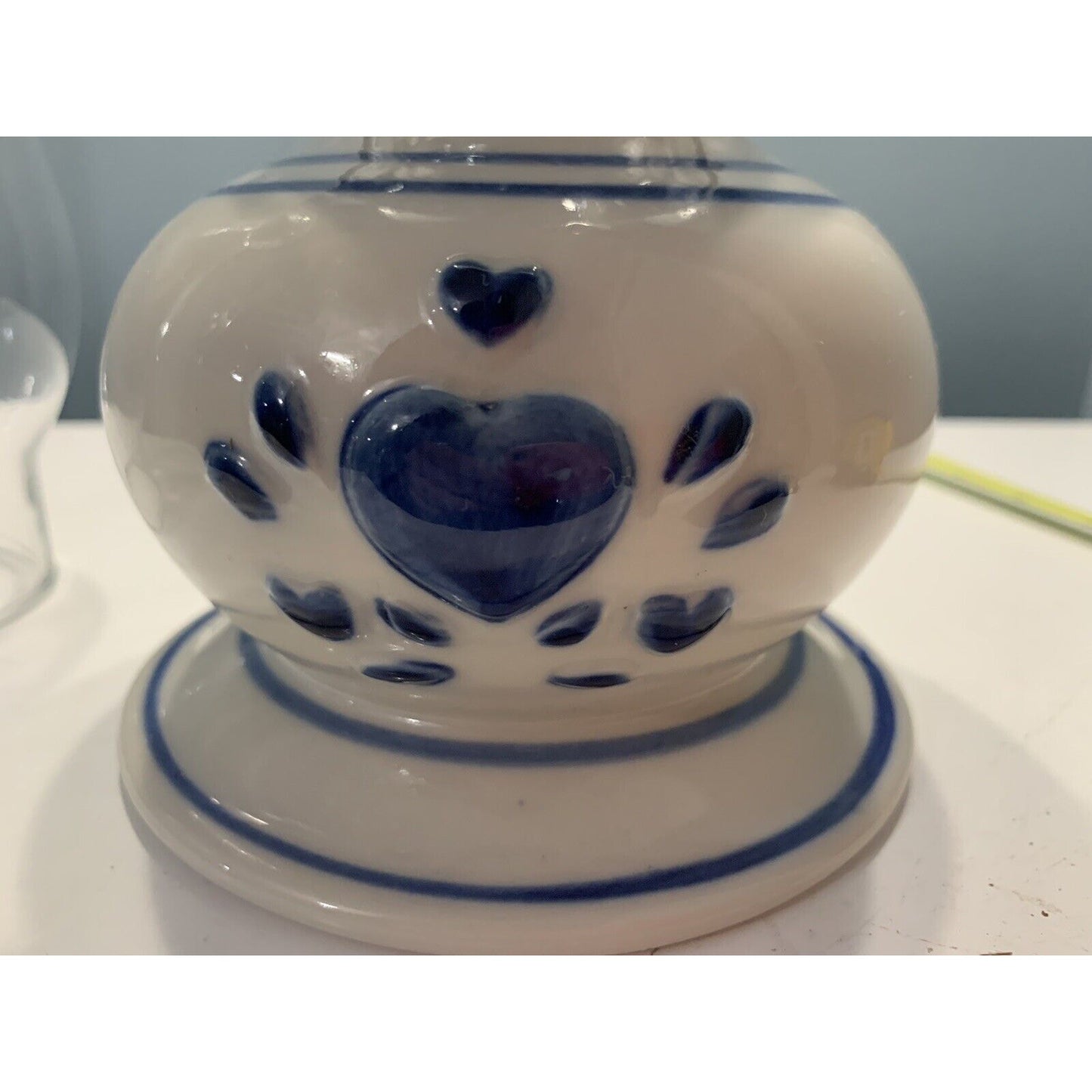 Vintage Lamplight Farms Hurricane Oil Lamp Blue White Hearts Ceramic