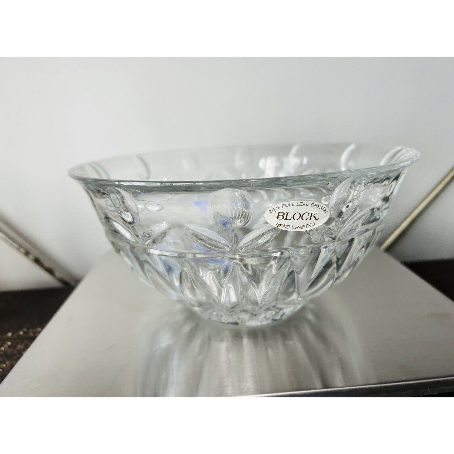 BLOCK 24% Lead Crystal Tulip 9” Glass Serving Bowl Dish Vintage Clear Flowers