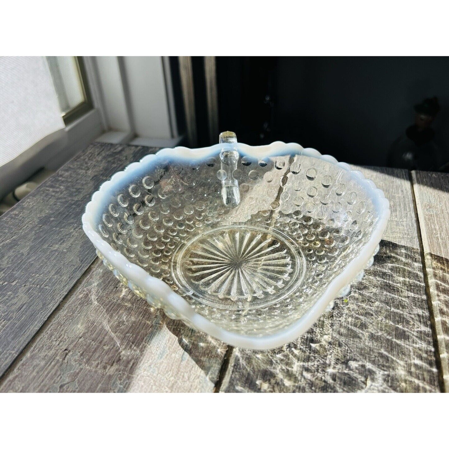 Heart Serving Dish Anchor Hocking Moonstone Opalescent Hobnail Ruffle Rim Handle