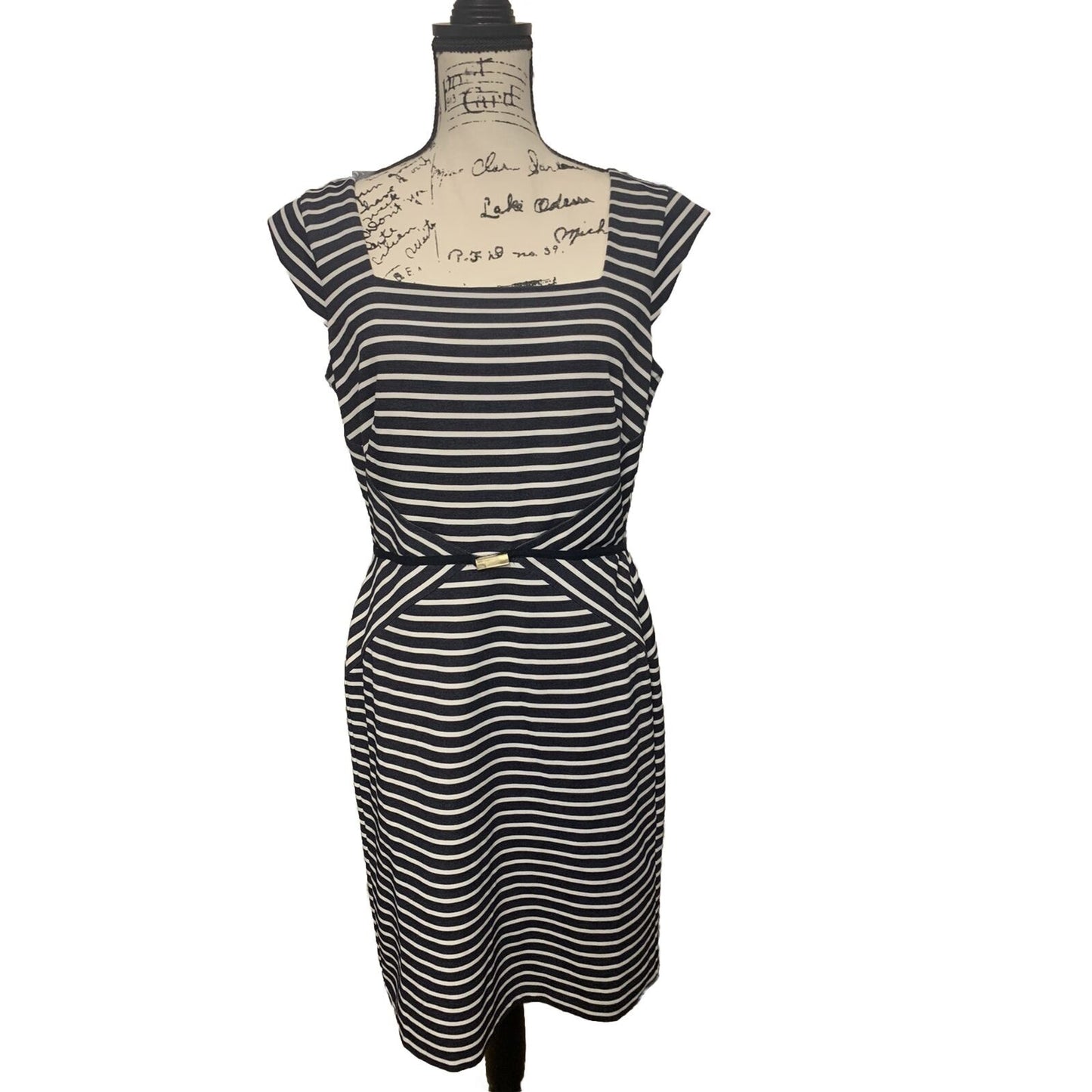 Ann Taylor NWT Dress Navy/White Stripe Sheath Square Neck Cap Sleeve Size 10