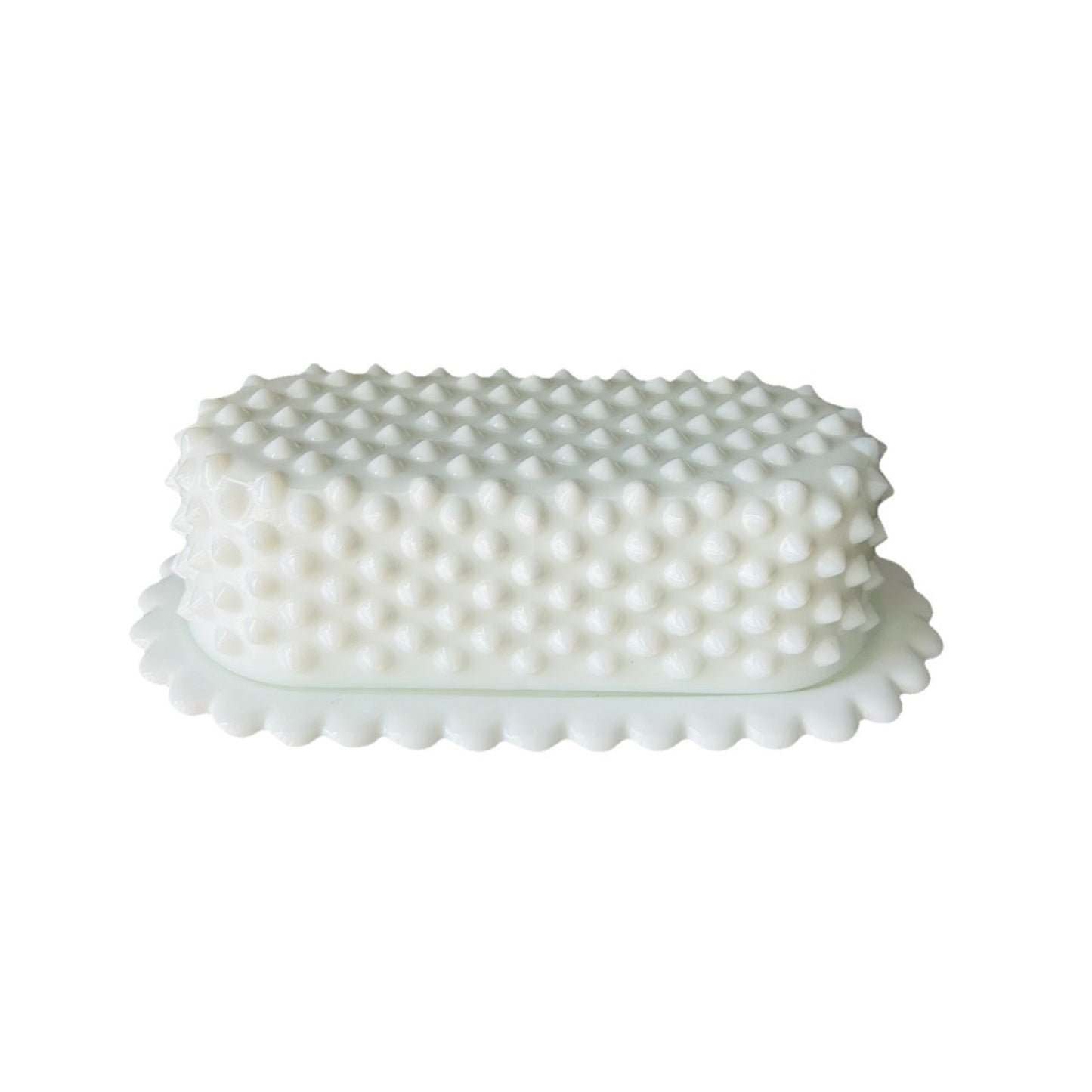 Vintage Fenton Covered Butter Dish Milk Glass English Hobnail Scalloped Edge