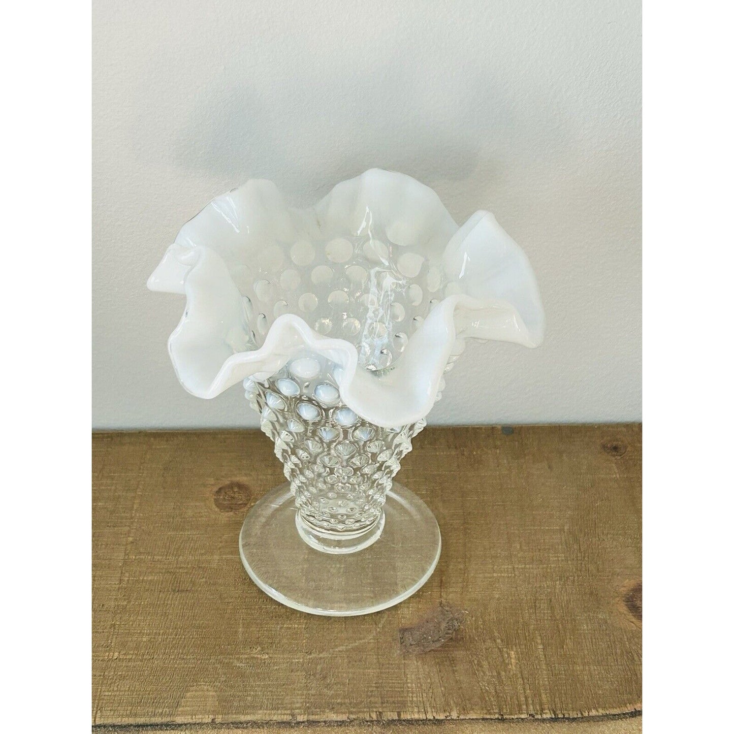 Vintage Fenton Moonstone Opalescent Hobnail Tapered Ruffle Glass Vase White Trim